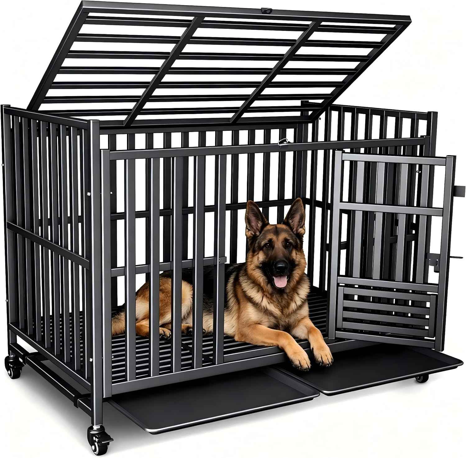Heavy Duty Dog Crate, Reinforced Thickened Steel Frame Indestructible Kennel for Large & High Anxiety Dogs, Escape Proof Design with 3 Doors, 4 Lockable Wheels and 2 Removable Trays (48 Inch)