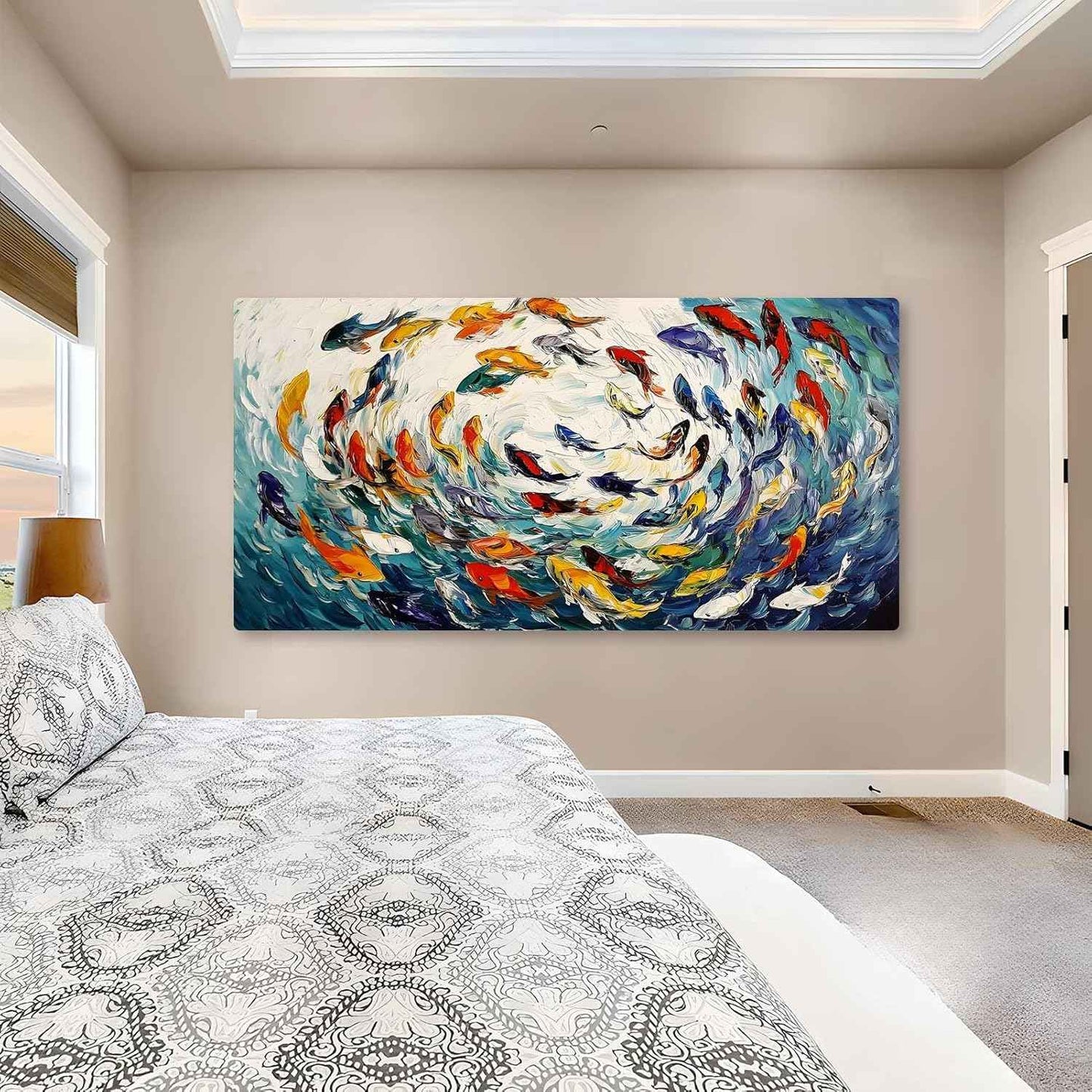 School of Fish Canvas Wall Art, Colorful Fish Herd Canvas Print, Abstract Sea Animal Wall Art, Coastal Pictures, Ocean Bathroom Decor, Marine Decor for Living Room, Bedroom (47"x24" | 120x60cm)