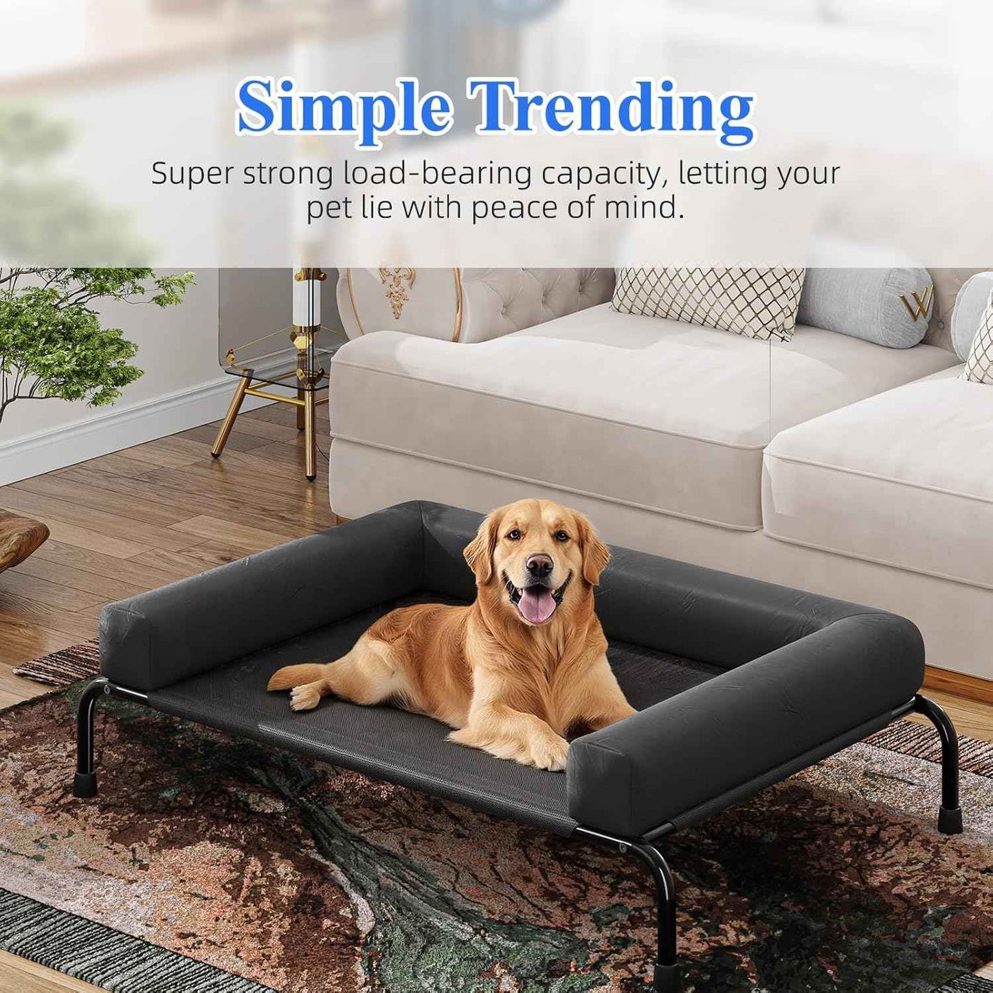 Simple Trending Elevated Dog Bed for Large Dogs, Cooling Raised Dog Cot with Bolsters, Breathable Pet Bed for Outdoor, 47.75" x 31", Black