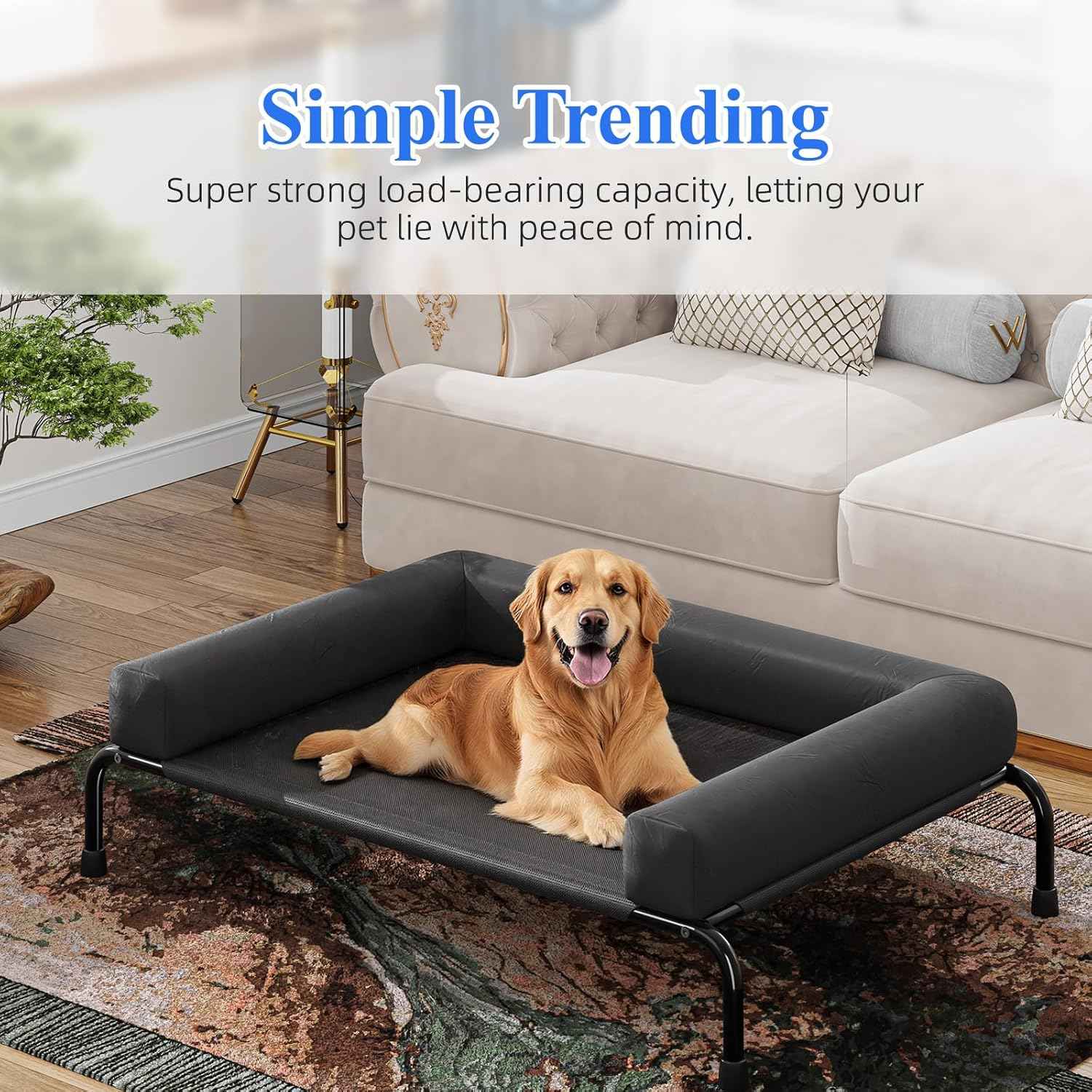 Simple Trending Elevated Dog Bed for Large Dogs, Cooling Raised Dog Cot with Bolsters, Breathable Pet Bed for Outdoor, 47.75" x 31", Black