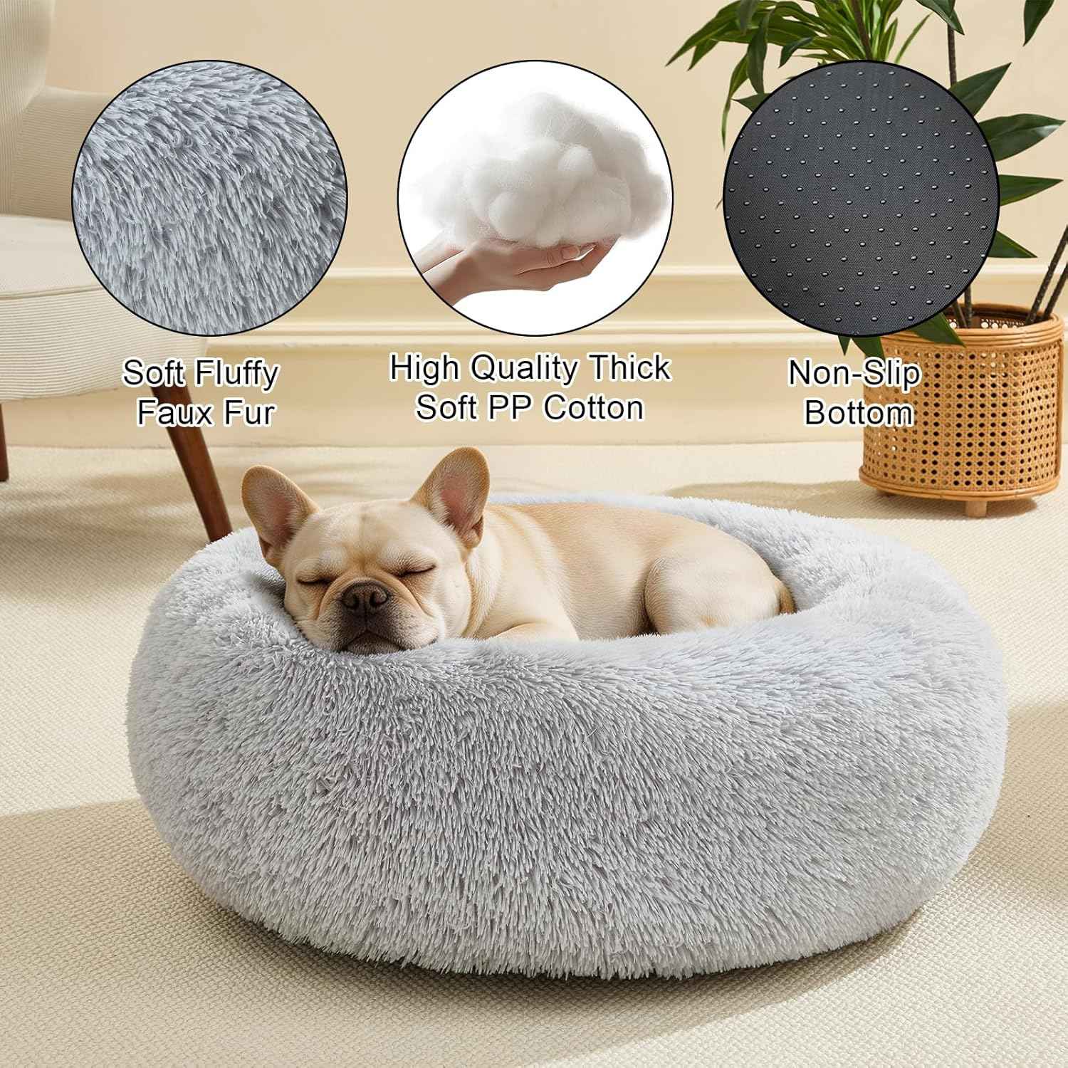 Dog Calming Beds for Small Medium Large Dogs - Round Donut Washable Puppy Dog Bed, Anti-Slip Faux Fur Fluffy Donut Cuddle Anxiety Cat Pet Bed(Light Grey 20")