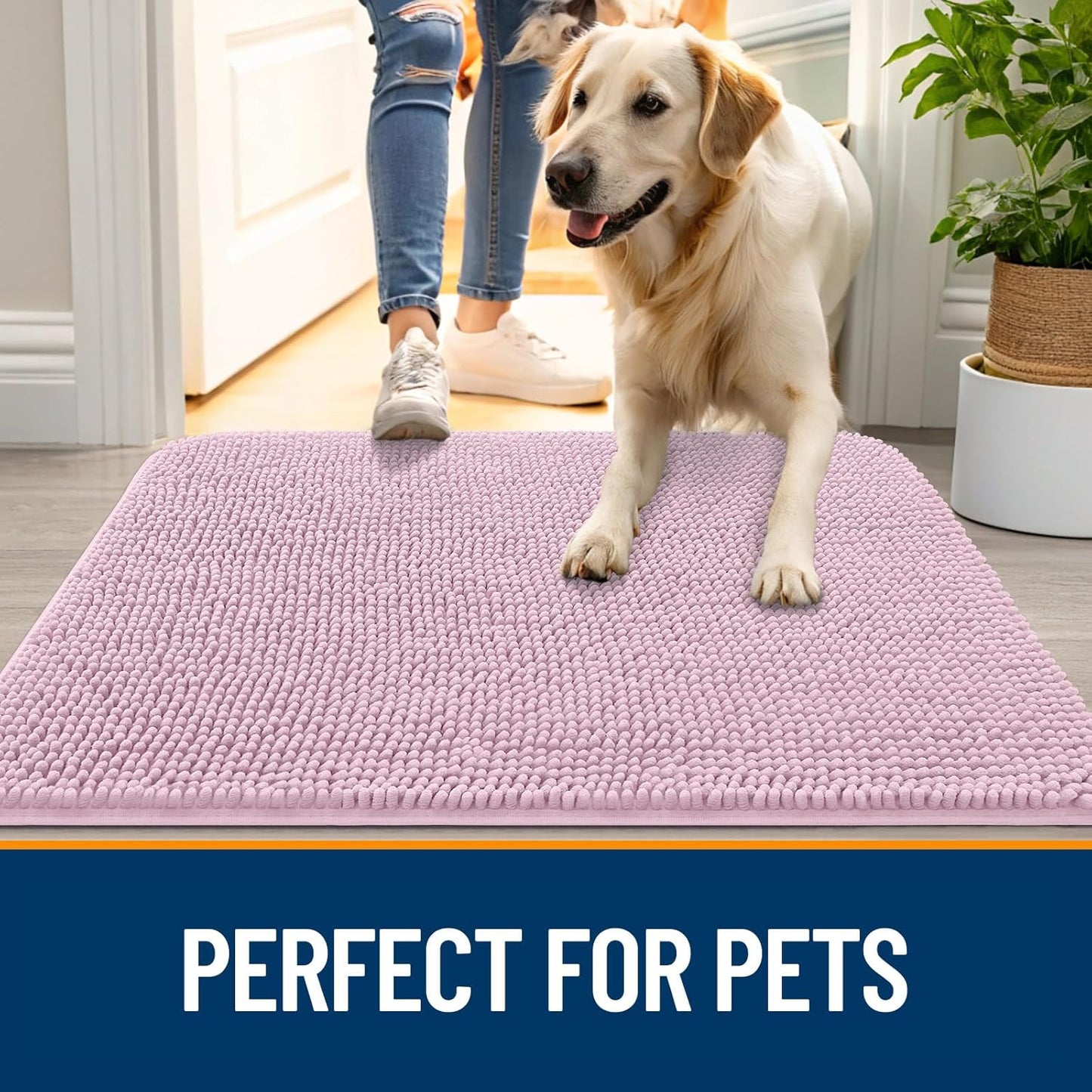 OLANLY Dog Door Mat for Muddy Paws 59x20, Absorbs Moisture and Dirt, Absorbent Non-Slip Washable Doormat, Quick Dry Chenille Mud Mat for Dogs, Entry Indoor Entryway Carpet for Inside Floor, Dusty Rose
