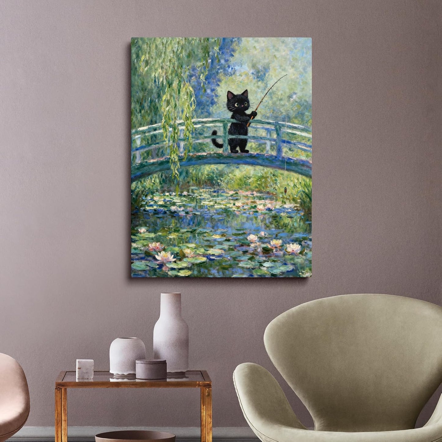 TimAsh Framed Monet Water Lilies Cat Wall Art, Vintage Canvas Art Wall Decor Funny Black Cat Aesthetic Posters Prints for Bathroom Bedroom Living Room Home Office Decorations 10L x 8W