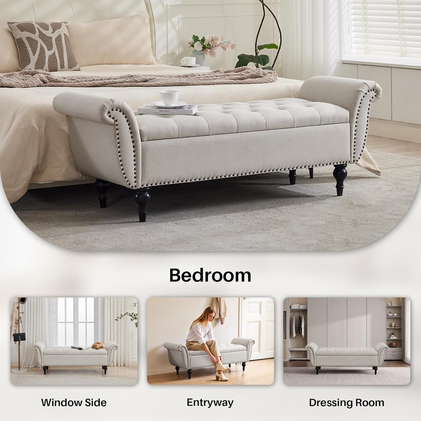 63.78" Ottoman with Storage, Storage Ottoman Bench with Safety Hinge, Upholstered Entryway Bench with Seating for Bedroom, Living Room, Holds Up to 700 Lb Beige