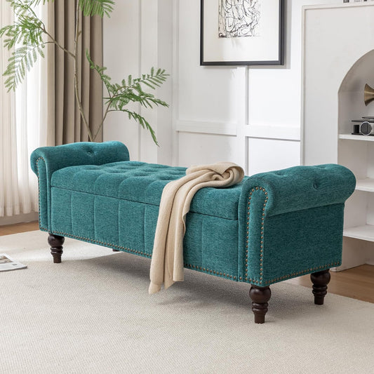 58’’ Storage Bench for Bedroom, Upholstered Button-Tufted Ottoman with Solid Wood Legs, Queen Size End of Bed Shoe Cabinet, Window Seat Foot Rest Stool for Entryway, Living Room (Teal)