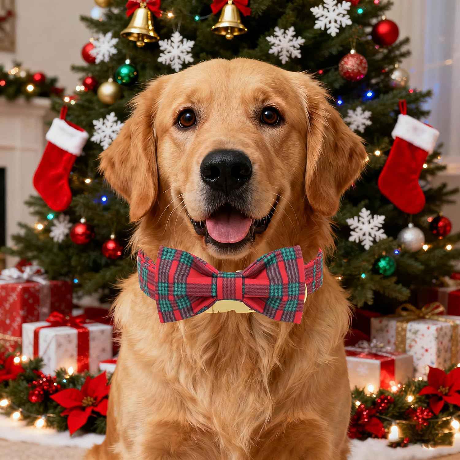Unique Style Paws Christmas Dog Collar with Bow Red Green Plaid Cotton Puppy Collars for Small Medium Large Dogs