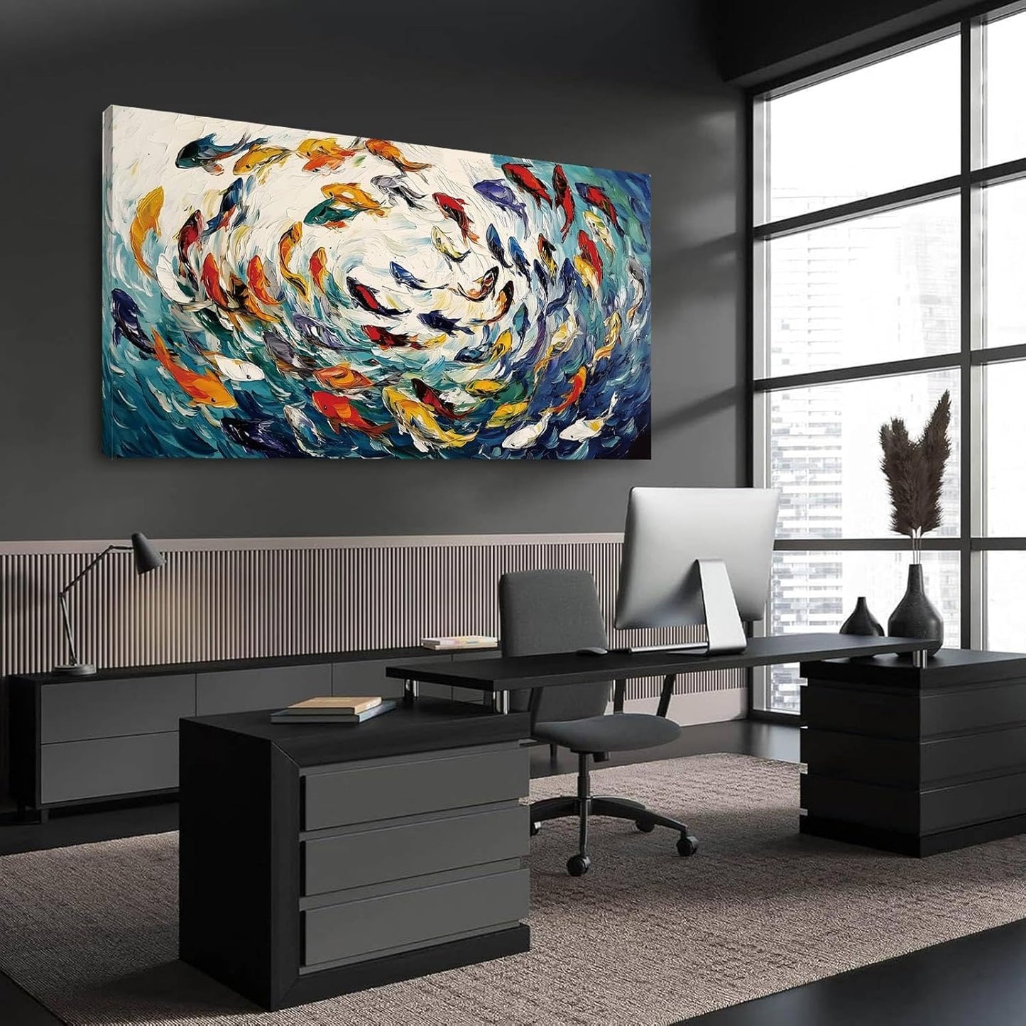 School of Fish Canvas Wall Art, Colorful Fish Herd Canvas Print, Abstract Sea Animal Wall Art, Coastal Pictures, Ocean Bathroom Decor, Marine Decor for Living Room, Bedroom (47"x24" | 120x60cm)