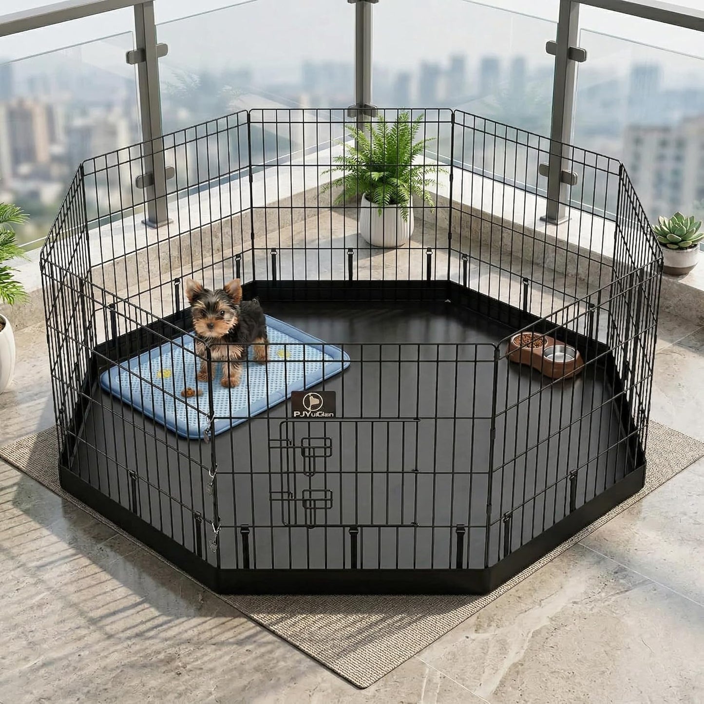 PJYuCien Octagonal Dog Playpen with Bottom Pad - Metal Foldable Exercise Pen, 8 Panels 24" H x 24" W Indoor Outdoor Pet Fence Puppy Crate Kennel, Black