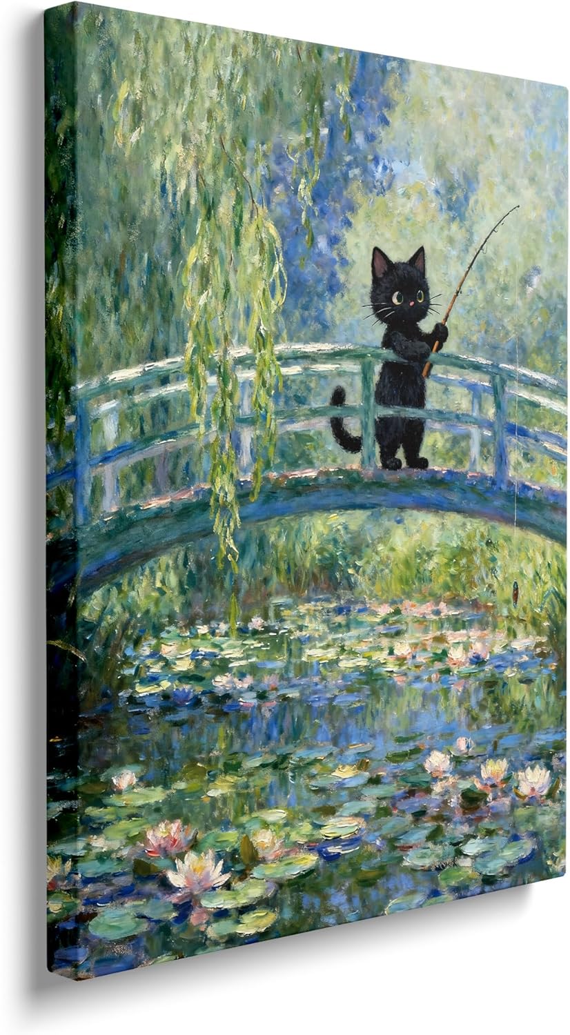 TimAsh Framed Monet Water Lilies Cat Wall Art, Vintage Canvas Art Wall Decor Funny Black Cat Aesthetic Posters Prints for Bathroom Bedroom Living Room Home Office Decorations 10L x 8W