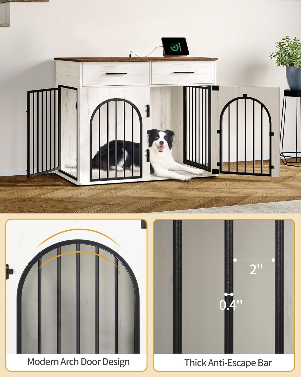 Hzuaneri 39.4'' Large Dog Crate Furniture with 2 Storage Drawers, Heavy Duty Dog Kennel Indoor with Charging Station, Wooden Dog Cage End Table Kennel for Medium/Large Dogs, White Brown DFC84214B