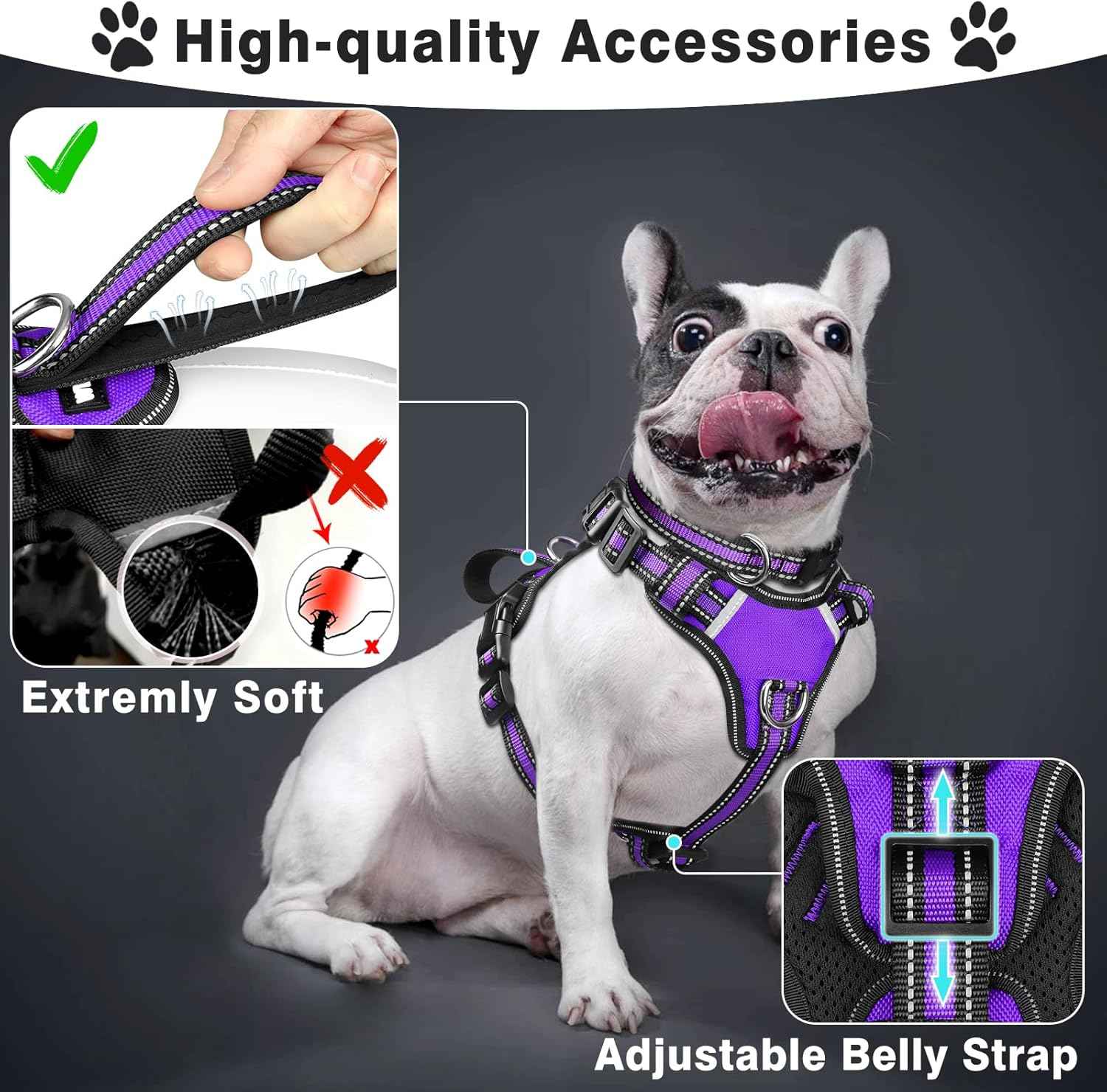 WINSEE Pet Harness Collar and Leash Set, All-in-one Reflective Dog Harness No Pull with Adjustable Buckles for Puppies, Small, Medium, Large, and Extra-Large Dogs (X-Large, Purple)
