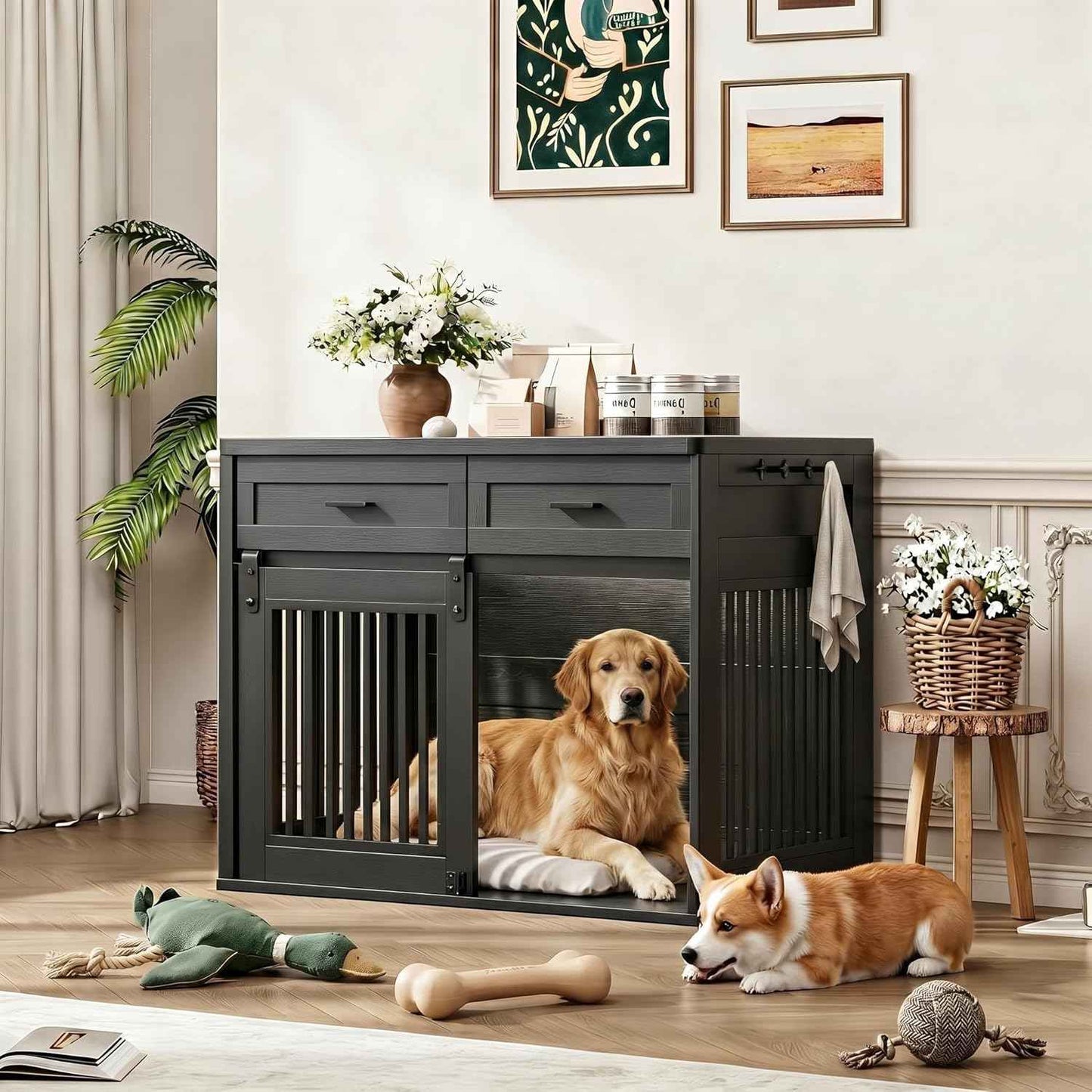 44.5" Large Dog Crate Furniture with 2 Storage Drawers,Heavy Duty Wooden Pet Kennel with Sliding Barn Door & Hook,Dog Kennel End Table TV Stand,Farmhouse Style Dog Crates for Medium/Large Dogs,Black