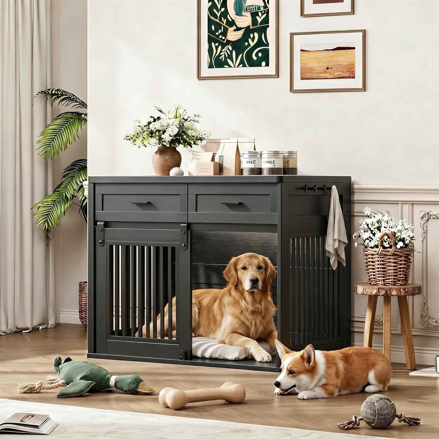 44.5" Large Dog Crate Furniture with 2 Storage Drawers,Heavy Duty Wooden Pet Kennel with Sliding Barn Door & Hook,Dog Kennel End Table TV Stand,Farmhouse Style Dog Crates for Medium/Large Dogs,Black