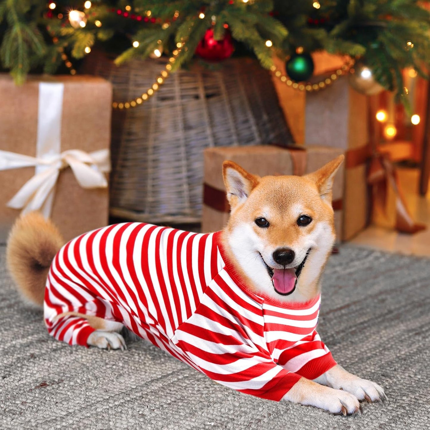 Dog Pajamas, Christmas Onesie PJS for Dog Boy Girl, Doggie Jumpsuit, Puppy Christmas Clothes for Pitbull Bulldog, Red and White Striped, M