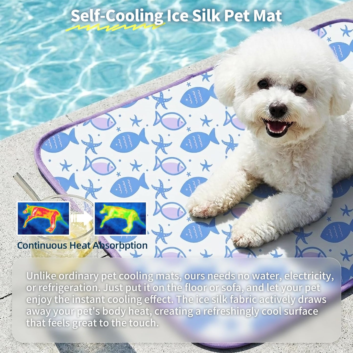NWK Pet Cooling Mat for Large Dogs -Q-Max>0.345 Ice Silk Cooling Mat for Dogs & Cats Portable & Washable Pet Cooling Blanket, Car Seats, Beds for Summer (Purple Fish, 39'' X 27'' X 0.3'')