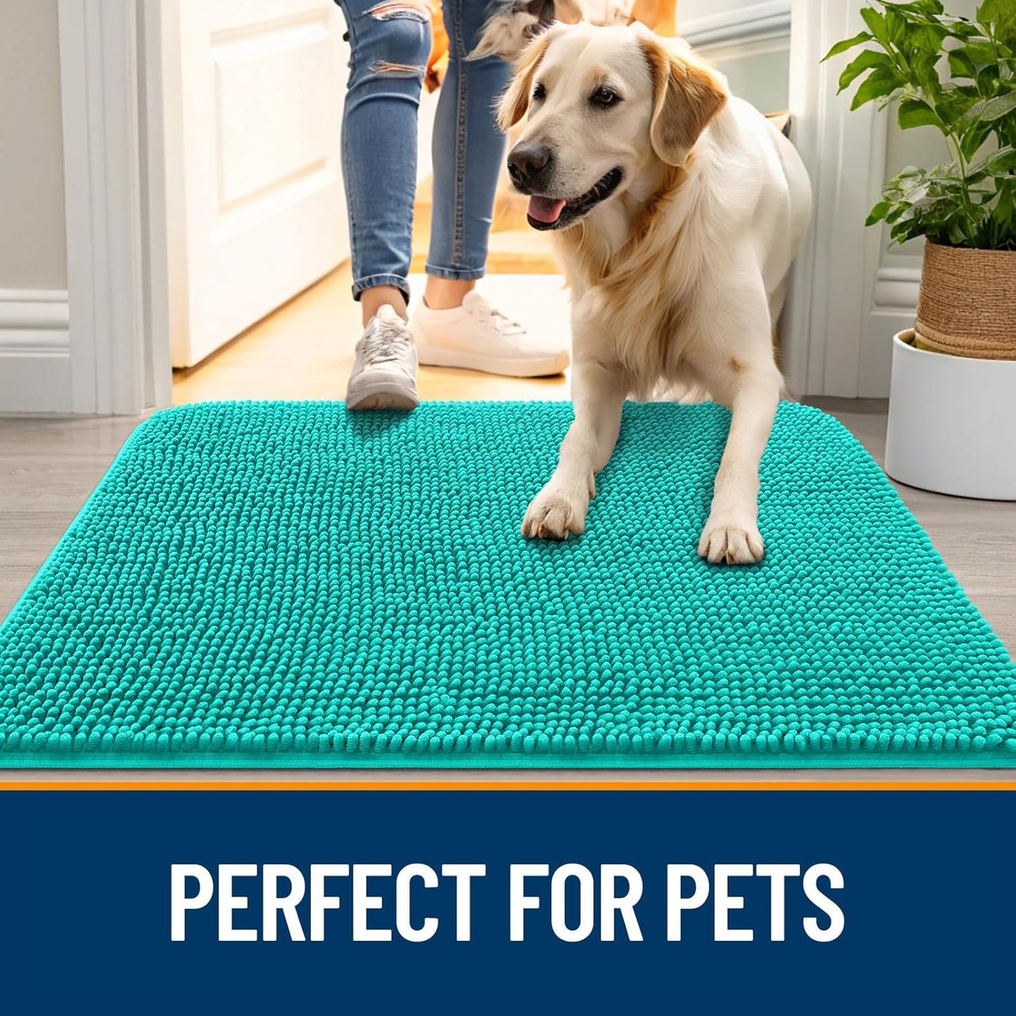 OLANLY Dog Door Mat for Muddy Paws 48x30, Absorbs Moisture and Dirt, Absorbent Non-Slip Washable Doormat, Quick Dry Chenille Mud Mat for Dogs, Entry Indoor Entryway Carpet for Inside Floor, Teal