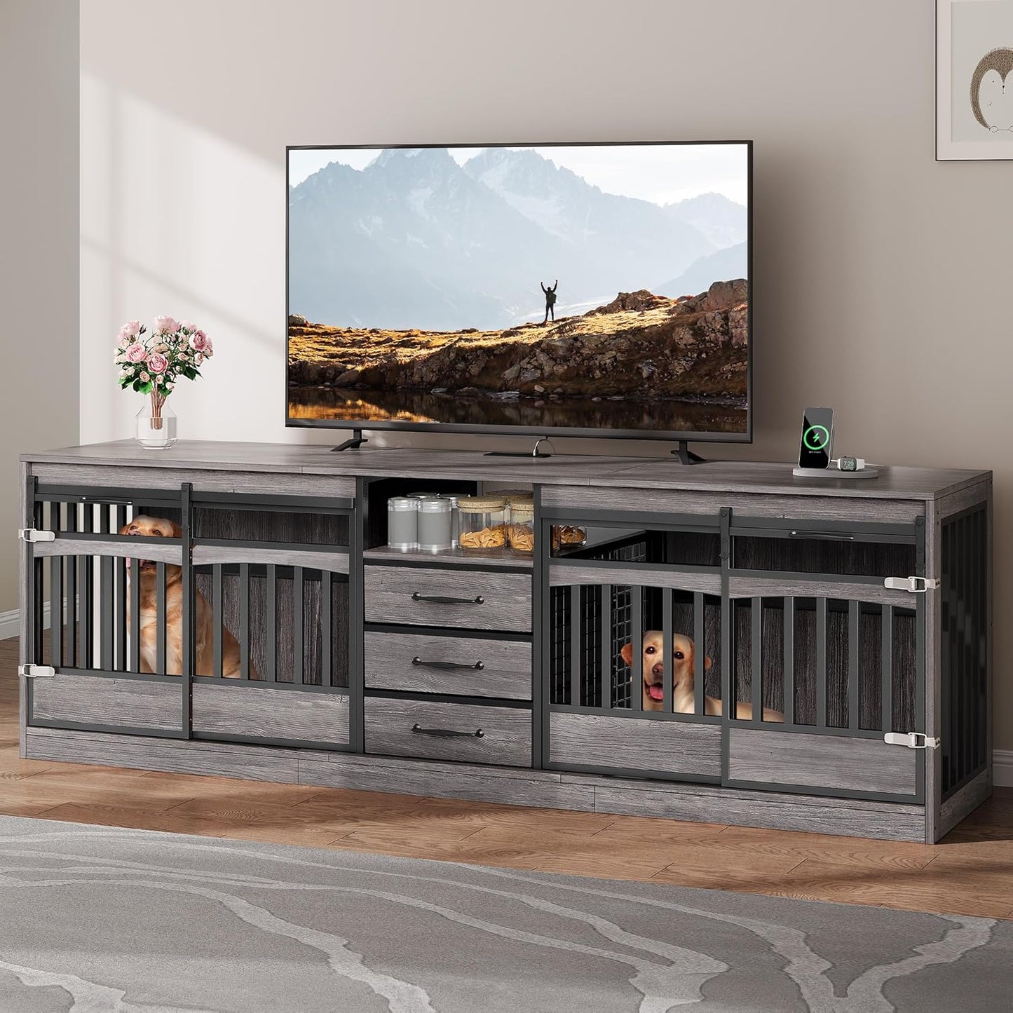 86.61" Large Double Dog Crate Furniture with 3 Storage Drawers Farmhouse Dog Kennel TV Stand Indoor for 2 Large Medium Dogs Decorative Dog Cage with Sliding Barn Door & Power Outlets Grey