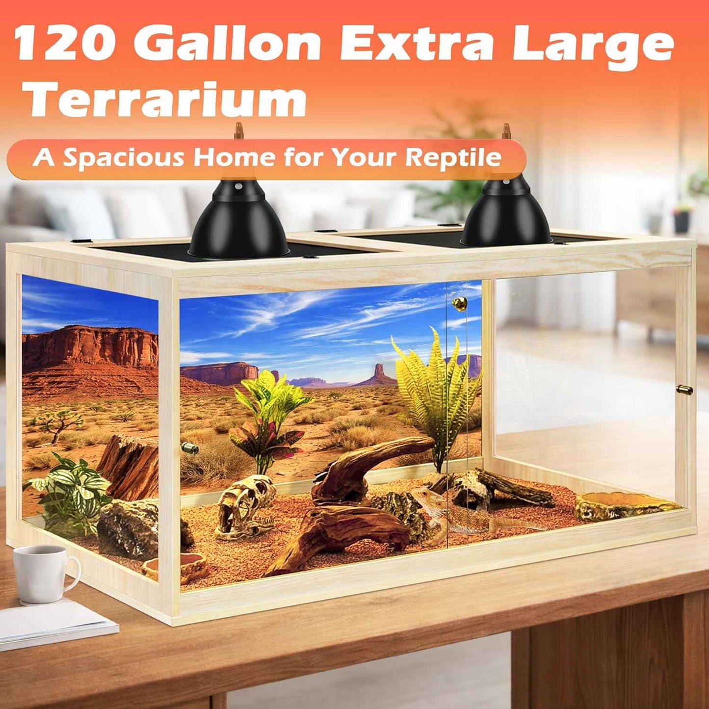 PROLEE 120 Gallon Bearded Dragon Tank, Tempered Glass Reptile Tank with Mesh Roof and Front Sliding Door, Anti-Scratch Lizard Tank, 4X2X2 Reptile Encloure, 48“L x 24”W x 24" H (Oak)