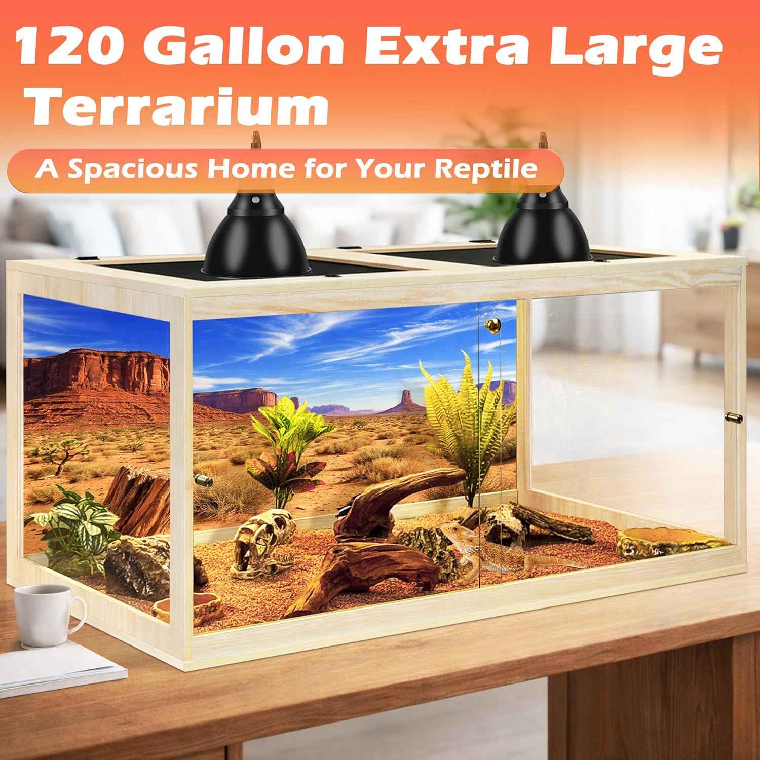 PROLEE 120 Gallon Bearded Dragon Tank, Tempered Glass Reptile Tank with Mesh Roof and Front Sliding Door, Anti-Scratch Lizard Tank, 4X2X2 Reptile Encloure, 48“L x 24”W x 24" H (Oak)