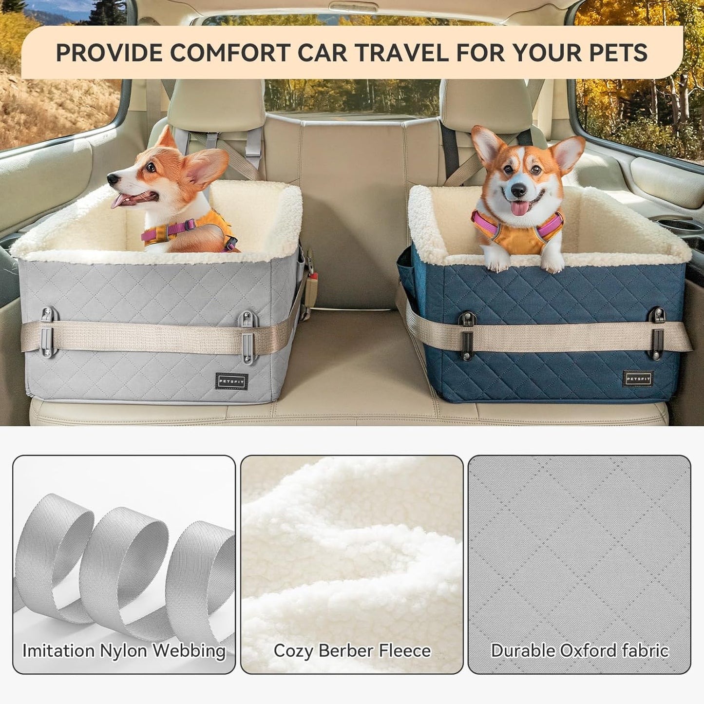 PETSFIT Small Dog Car Seat, Soft Foam Dog Booster Car Seat with Patented Safety Buckles, Storage Pockets and Detachable Clip-On Safety Leash, Dog Car Seat for Medium Dogs 30 LBS (Grey)