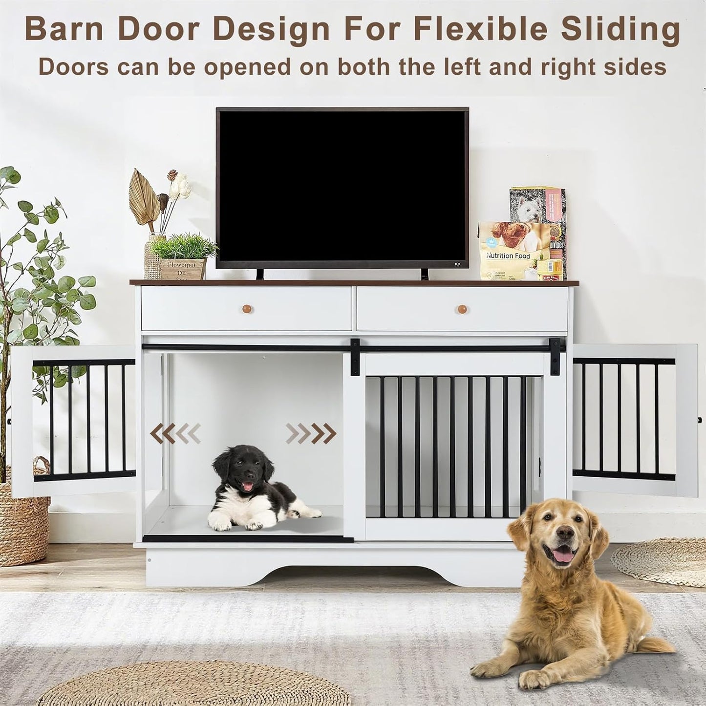Double Dog Crate Furniture - Farmhouse Style Dog Kennel with Storage Drawers, 47.2" End Table Dog Cage, Removable Divider for 2 Small/Medium Dogs or 1 Large Dog Indoor Use for Living Room