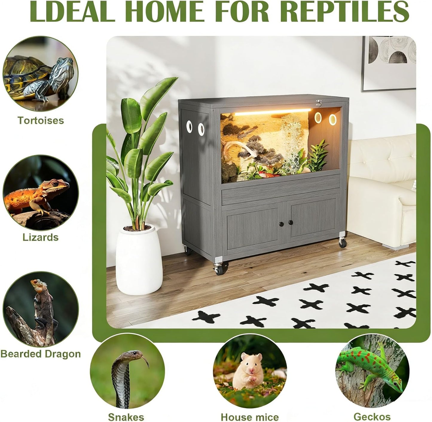 COCO DESIGN 45 Gallon Reptile Tank, Bearded Dragon Tank Reptile Enclosure with Mesh Top Fron, Integrated Sliding Lockable Doors with Storage Cabinet Large Habitat for Snake Tank Lizard Turtle