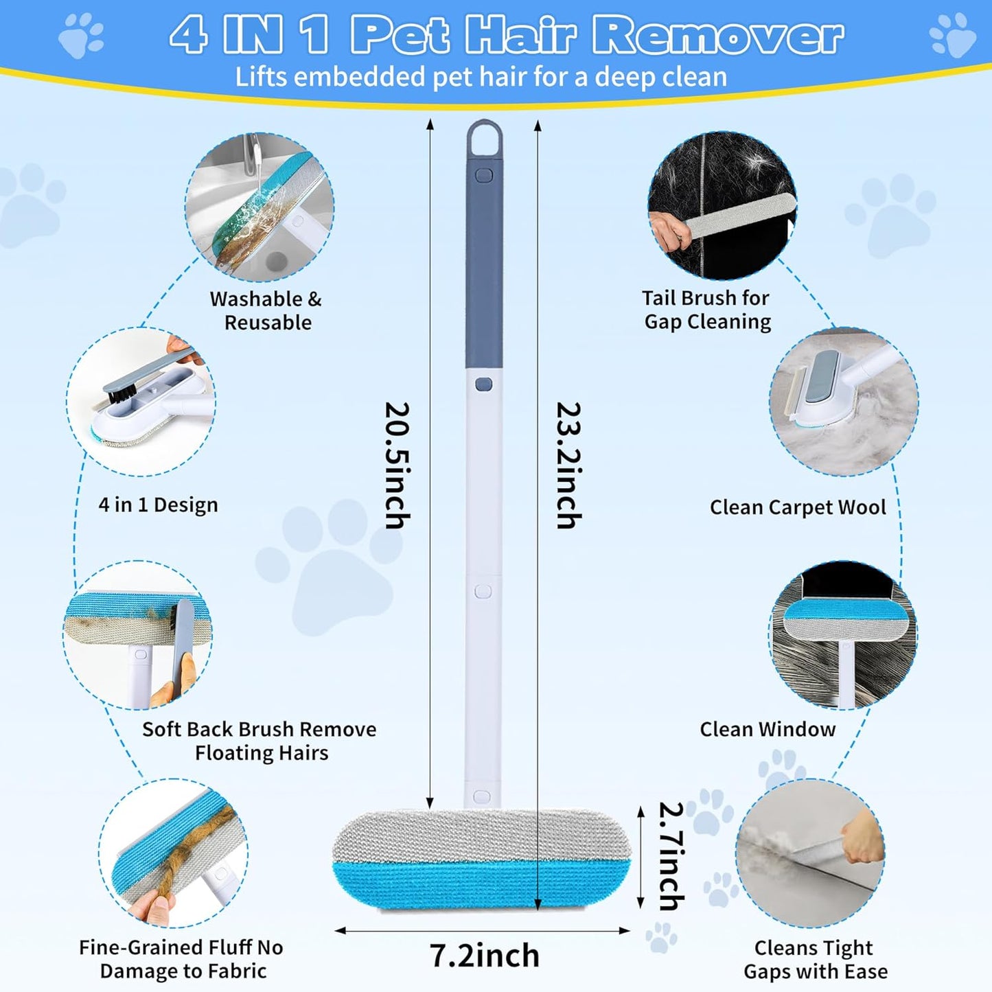 Pet Hair Remover for Furniture – 23.2Inch Reusable Dog & Cat Hair Removal Brush, Washable Lint Cleaner with Long Handle, 4-in-1 Pet Hair Remover for Couch, Carpet, Clothes & Bedding