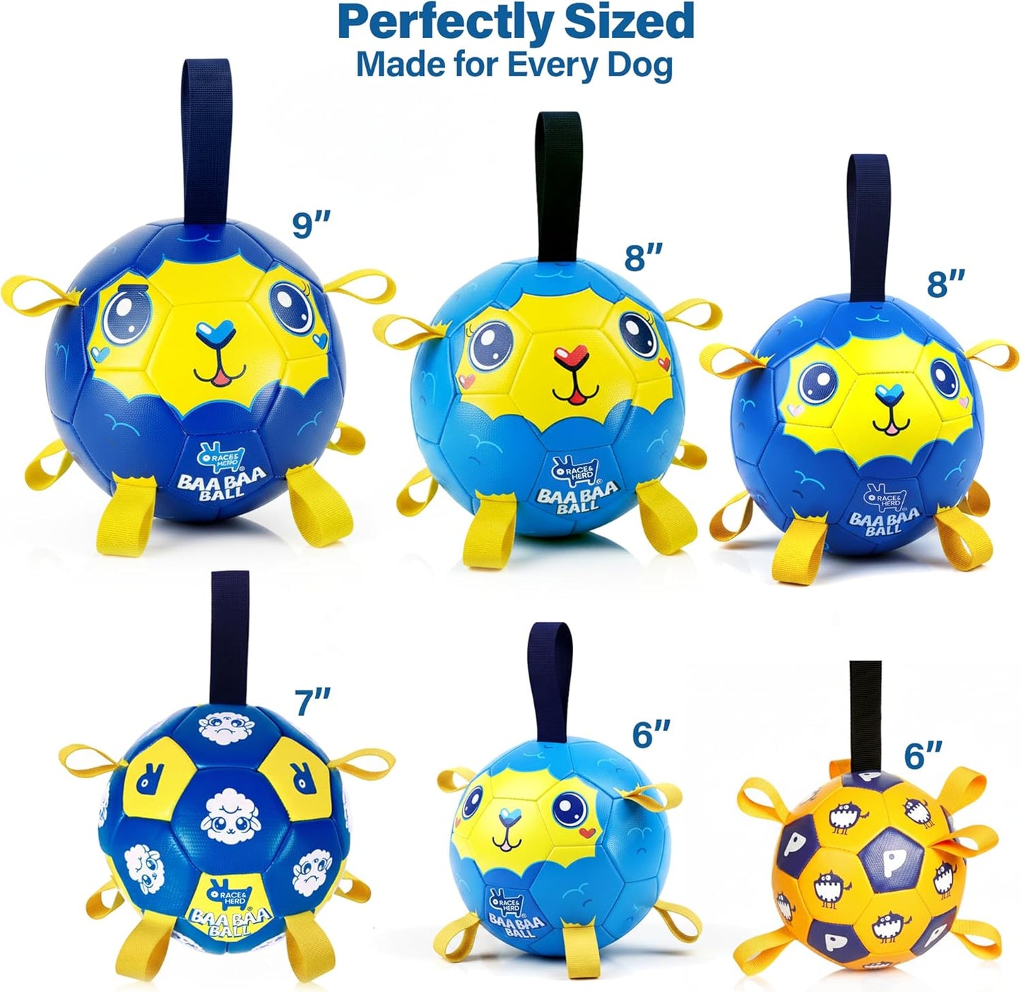Race&Herd 6" Jolly Soccer Ball for Dogs - Tough Durable Dog Ball Toy with Straps, Pet Bouncy Herding Balls for Dogs, Floating Dog Balls with Tags for Water Fetch (BaaBaaBall, Baby Sheep)