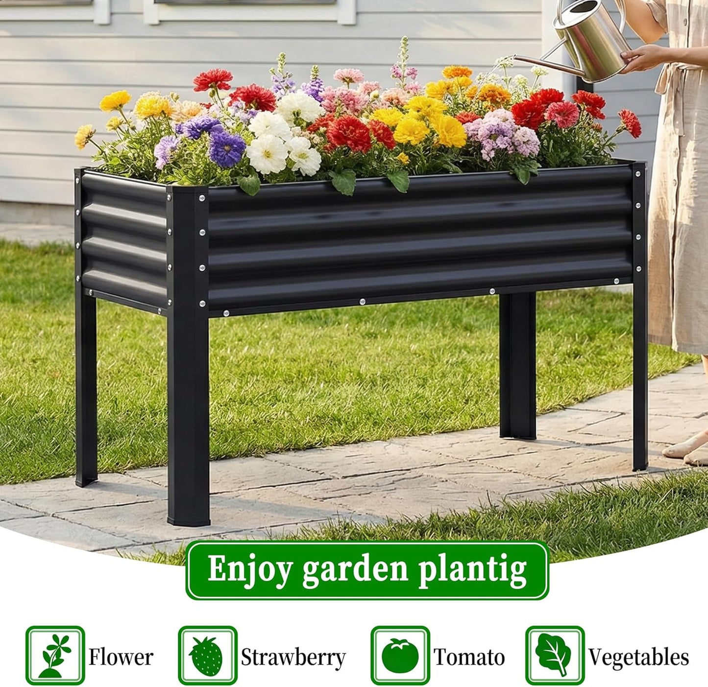 Galvanized Raised Garden Bed with Legs, 43×24×32in Large Metal Elevated Raised Planter Box with Drainage Holes for Backyard, Patio, Balcony, 400lb Capacity,Black