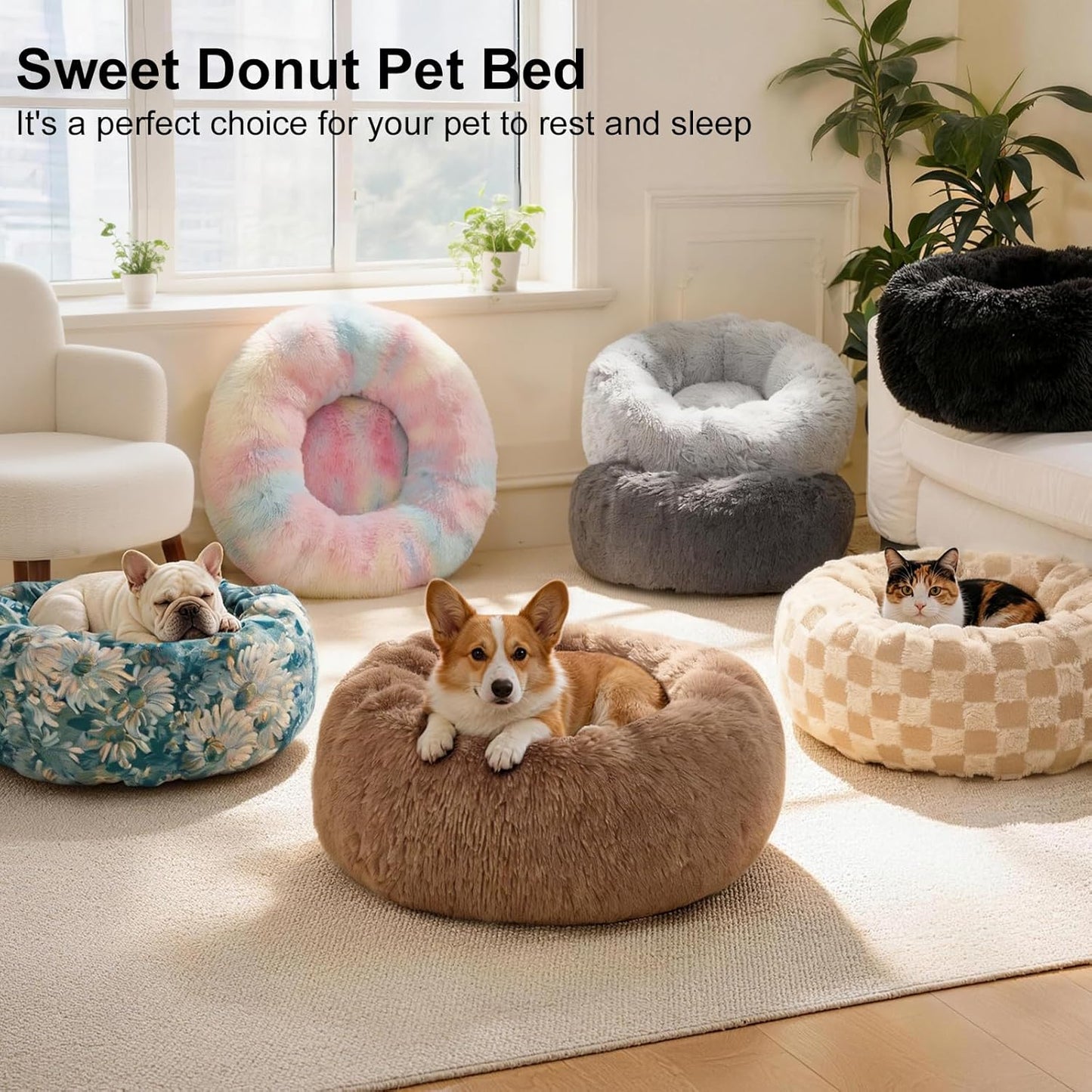 Dog Calming Beds for Small Medium Large Dogs - Round Donut Washable Puppy Dog Bed, Anti-Slip Faux Fur Fluffy Donut Cuddle Anxiety Cat Pet Bed(Light Grey 20")