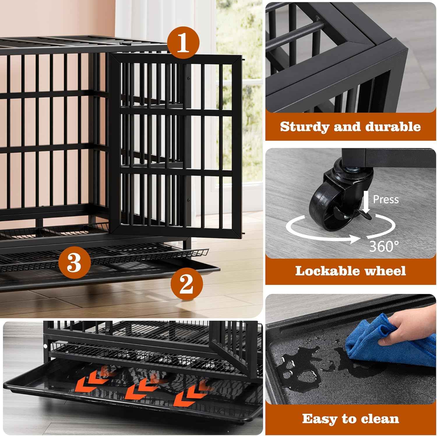 Vongrasig 38 Inch Heavy Duty Indestructible Dog Crate, Escape Proof Dog Cage Kennel with Lockable Wheels,High Anxiety Double Door Dog Cage,Extra Large XL XXL Crate Indoor for Large Dogs