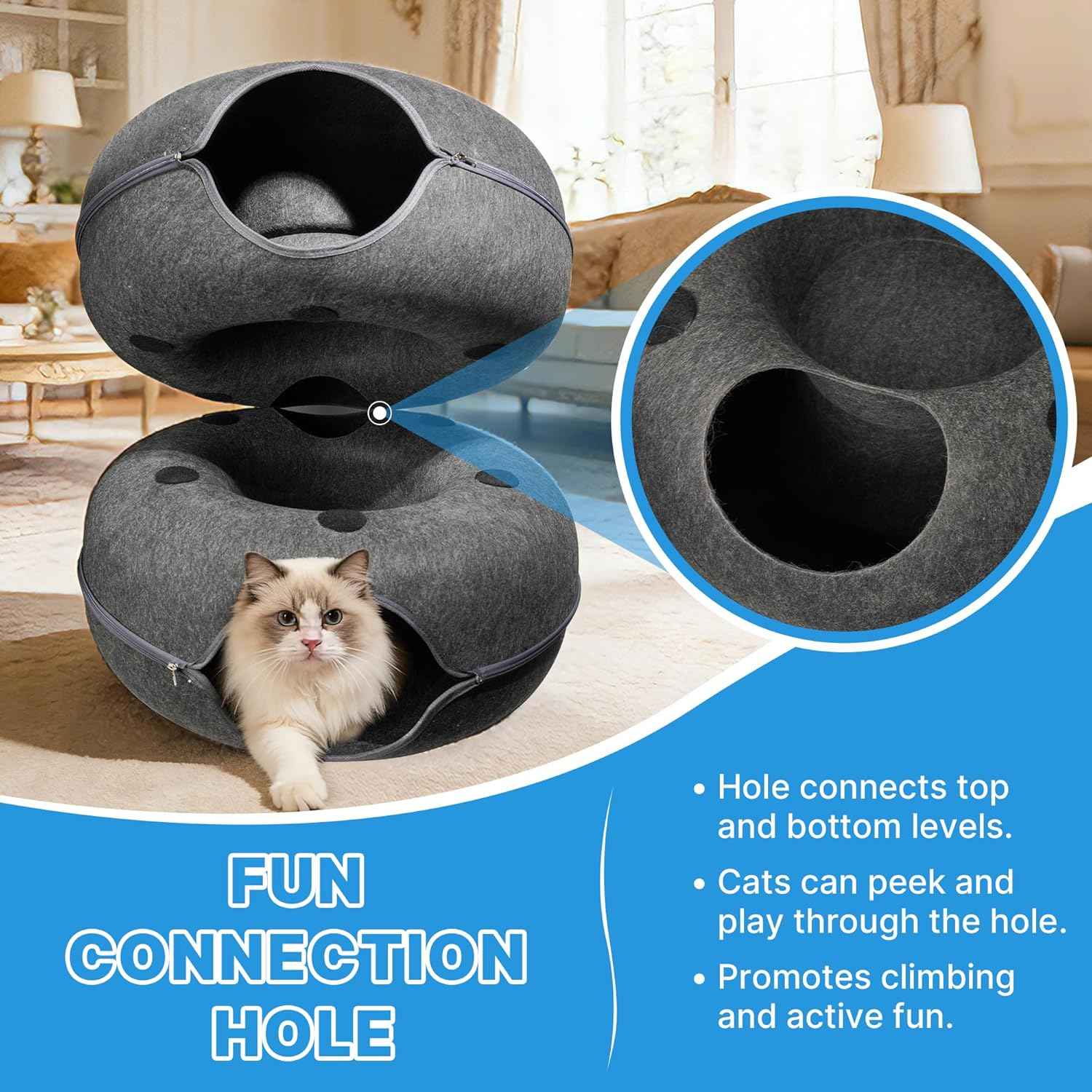 2-Level Detachable Large Cat Tunnel Bed for Indoor Cats, Scratch-Resistant Felt Donut Cat Cave, Supports Up to 30 lbs, Peekaboo Cat Tube (Dark Grey, L 24 x 24 x 22 in)