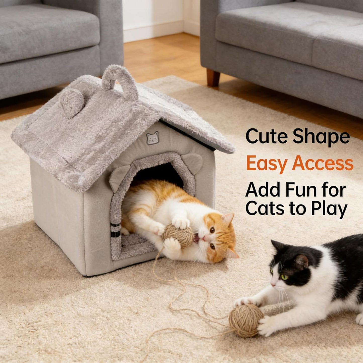 Cat Bed for Indoor Cats, Cartoon Pattern Cat Cave Bed with Handle Design, Soft Cat Hideaway Indoor, Lovely Cat House for Kitten, Puppy & Small Pets (M)