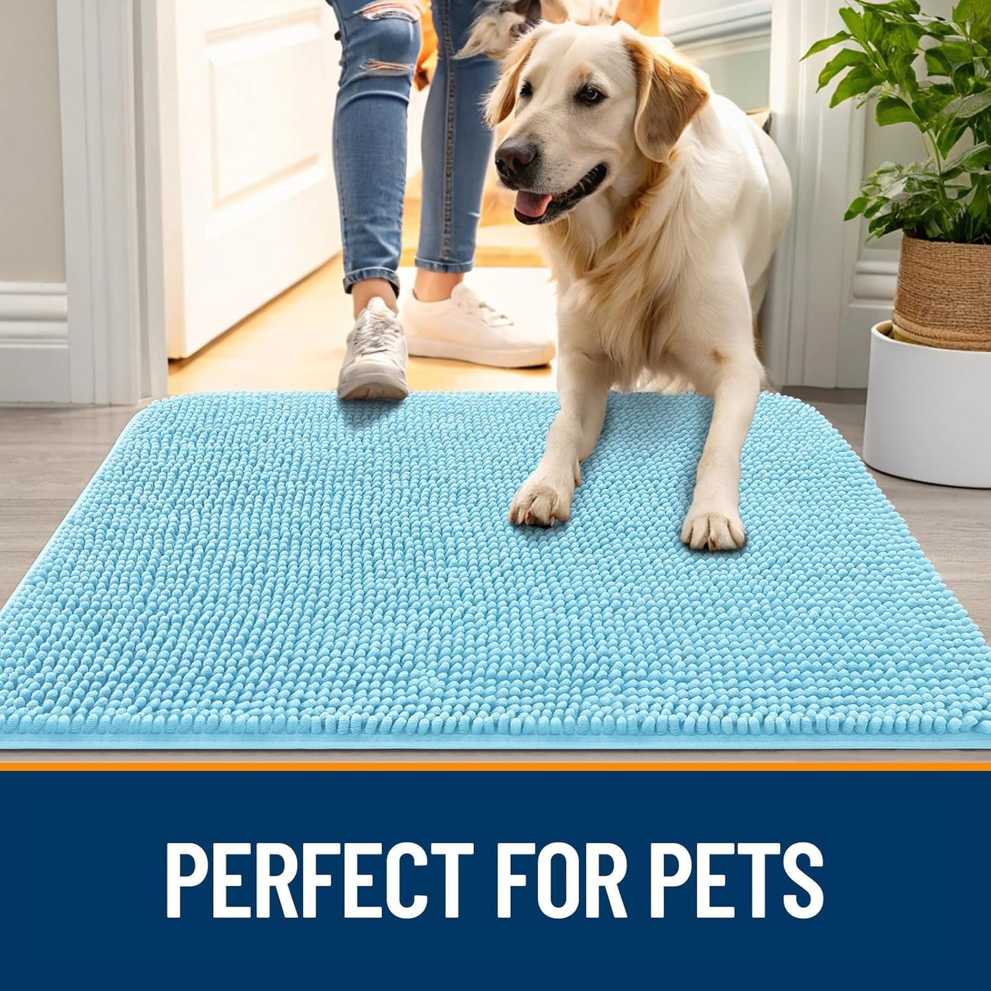 OLANLY Dog Door Mat for Muddy Paws 59x24, Absorbs Moisture and Dirt, Absorbent Non-Slip Washable Doormat, Quick Dry Chenille Mud Mat for Dogs, Entry Indoor Entryway Carpet for Inside Floor, Blue