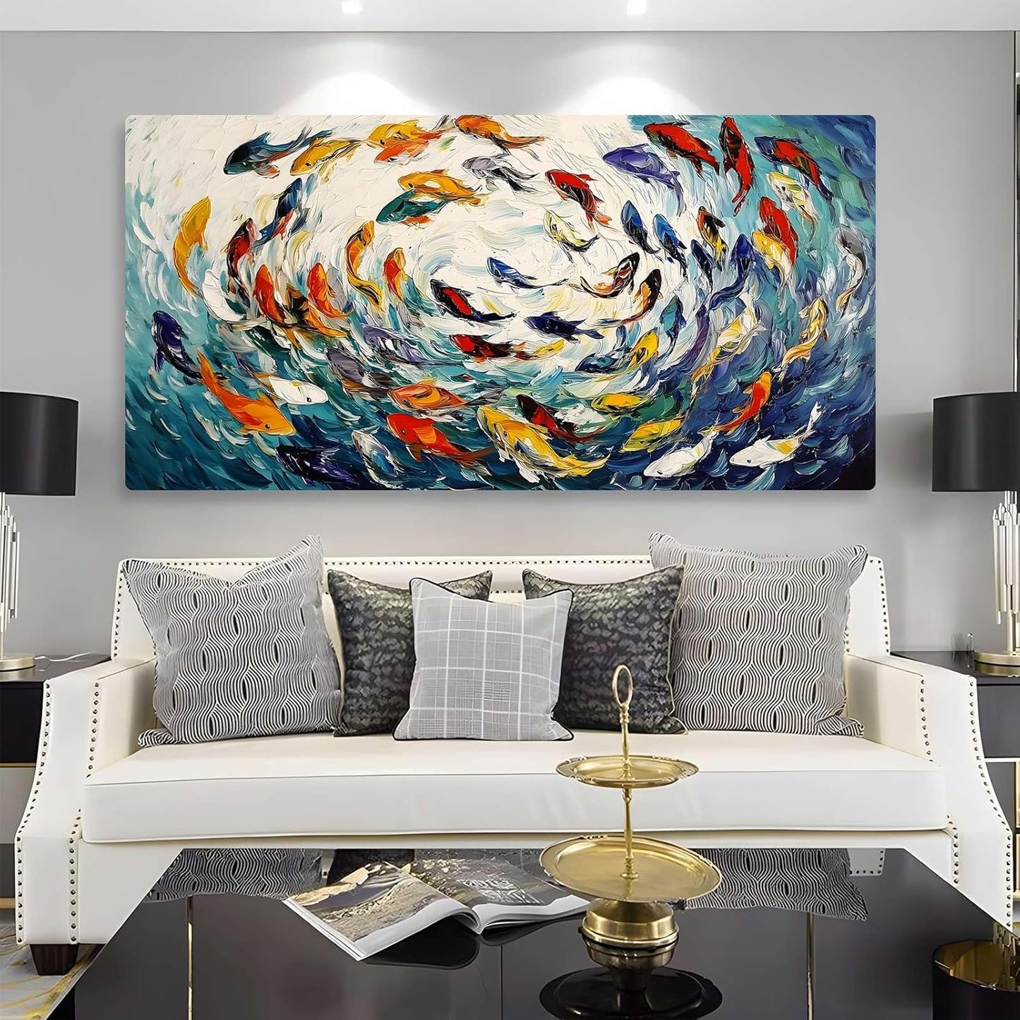 School of Fish Canvas Wall Art, Colorful Fish Herd Canvas Print, Abstract Sea Animal Wall Art, Coastal Pictures, Ocean Bathroom Decor, Marine Decor for Living Room, Bedroom (47"x24" | 120x60cm)