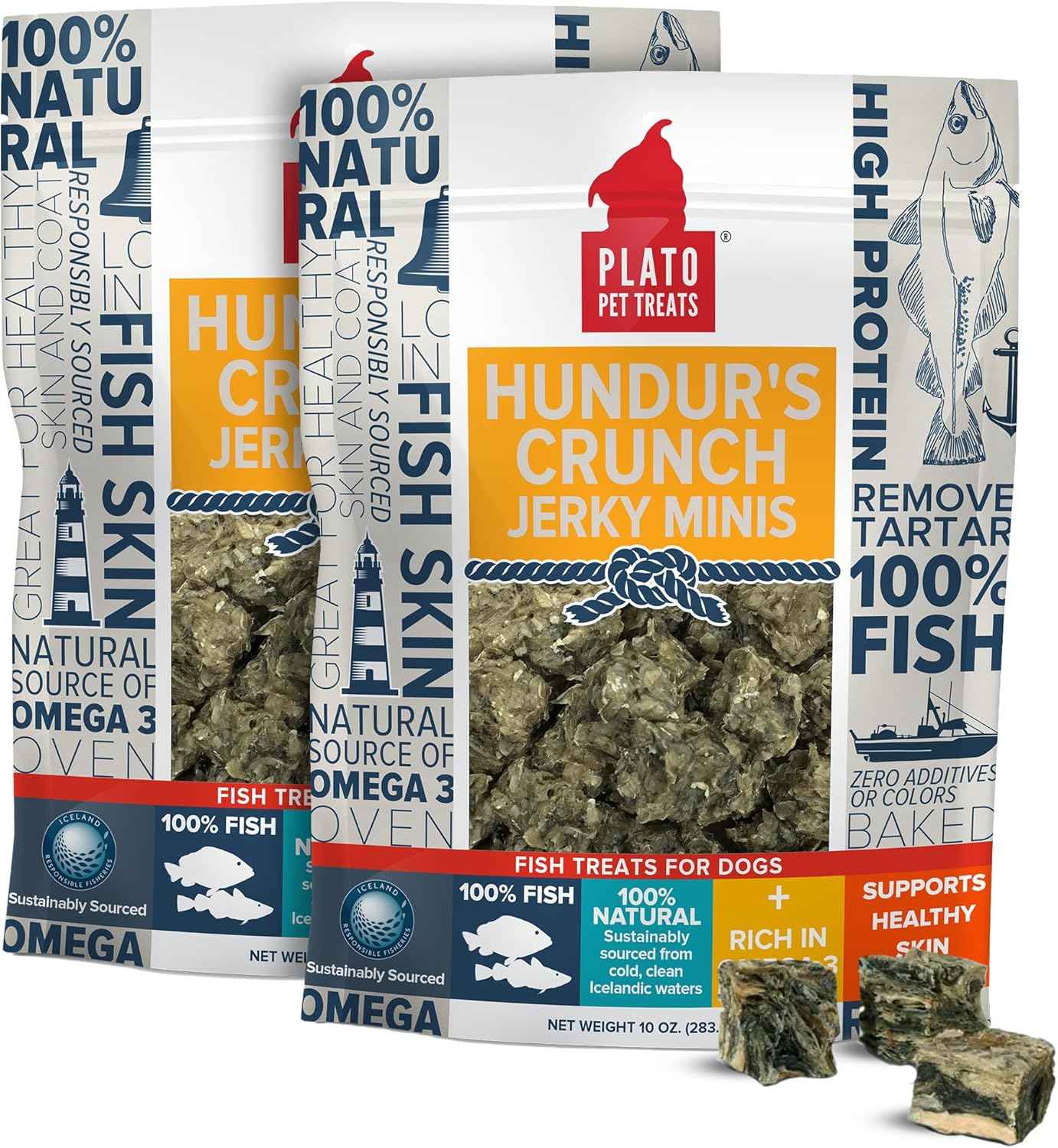 PLATO Pet Treats Fish Dog Treats - Air-Dried, Single Ingredient Dog Treat - with Omega 3 & 6 Fatty Acids to Support Skin and Coat - Cod Fish Skin - Hundur’s Crunch Jerky Mini - 10 oz - 2 Pack