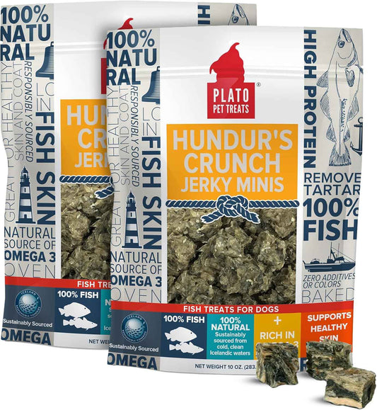 PLATO Pet Treats Fish Dog Treats - Air-Dried, Single Ingredient Dog Treat - with Omega 3 & 6 Fatty Acids to Support Skin and Coat - Cod Fish Skin - Hundur’s Crunch Jerky Mini - 10 oz - 2 Pack