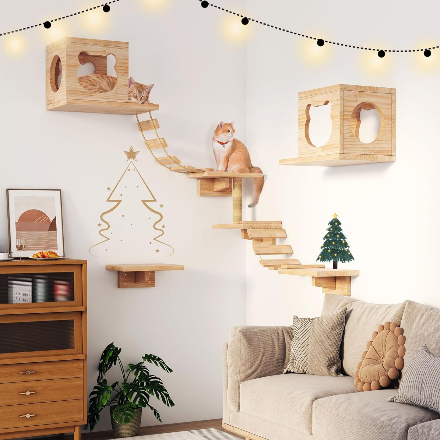 PETKABOO Cat Wall Shleves and Perches, Pine Wooden Cat Wall Furniture Climbing Shelves with Climber, Condo, Scratching Post, Ladder & Platform