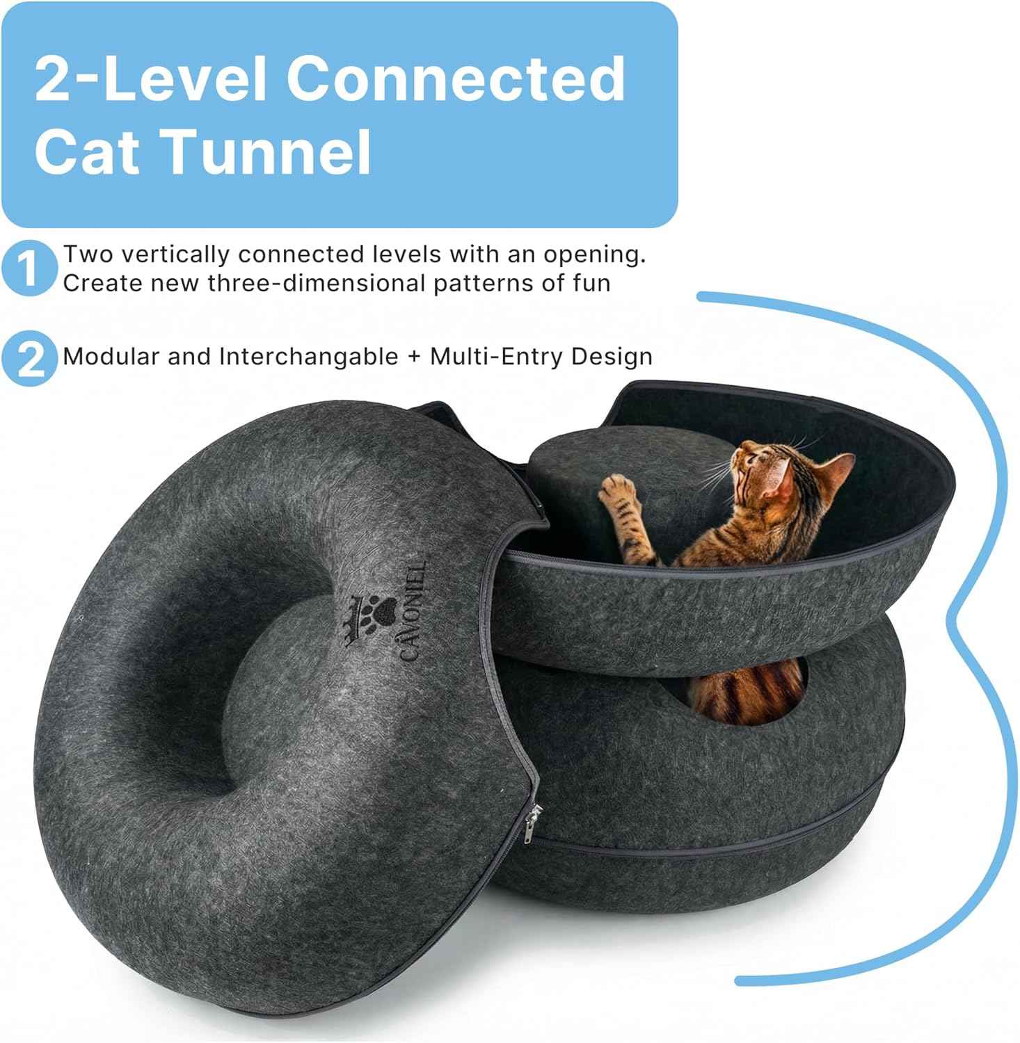 2-Level Detachable Large Cat Tunnel Bed for Indoor Cats, Scratch-Resistant Felt Donut Cat Cave, Supports Up to 30 lbs, Peekaboo Cat Tube (Dark Grey, L 24 x 24 x 22 in)