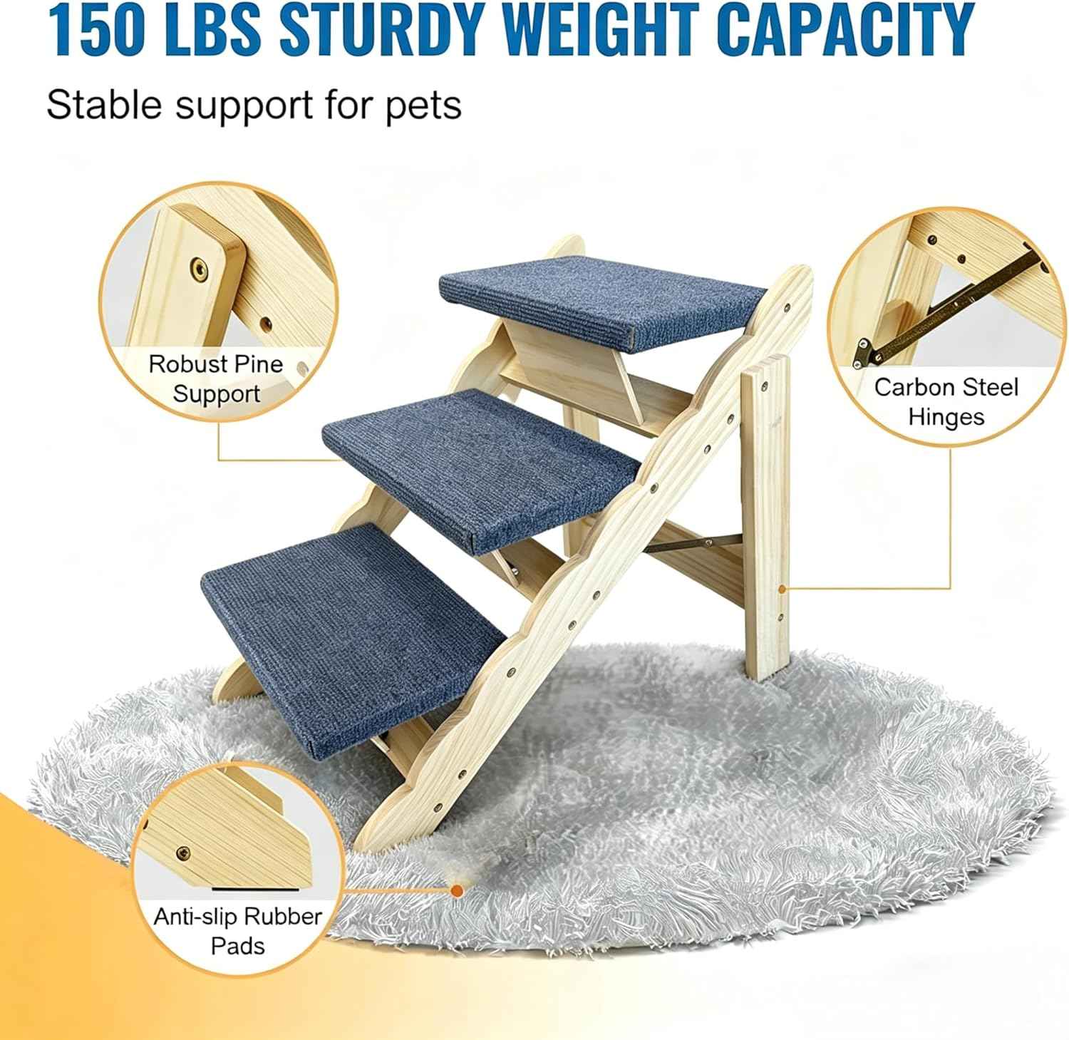 Wooden Dog Stairs, 2-in-1 Floded Flat Design Dog Steps for Beds Cars Couch, Anti-Slip Pet Ramp with 3 Steps, Indoor Pet Stairs for Small Medium Large Pet, up to 150 lbs