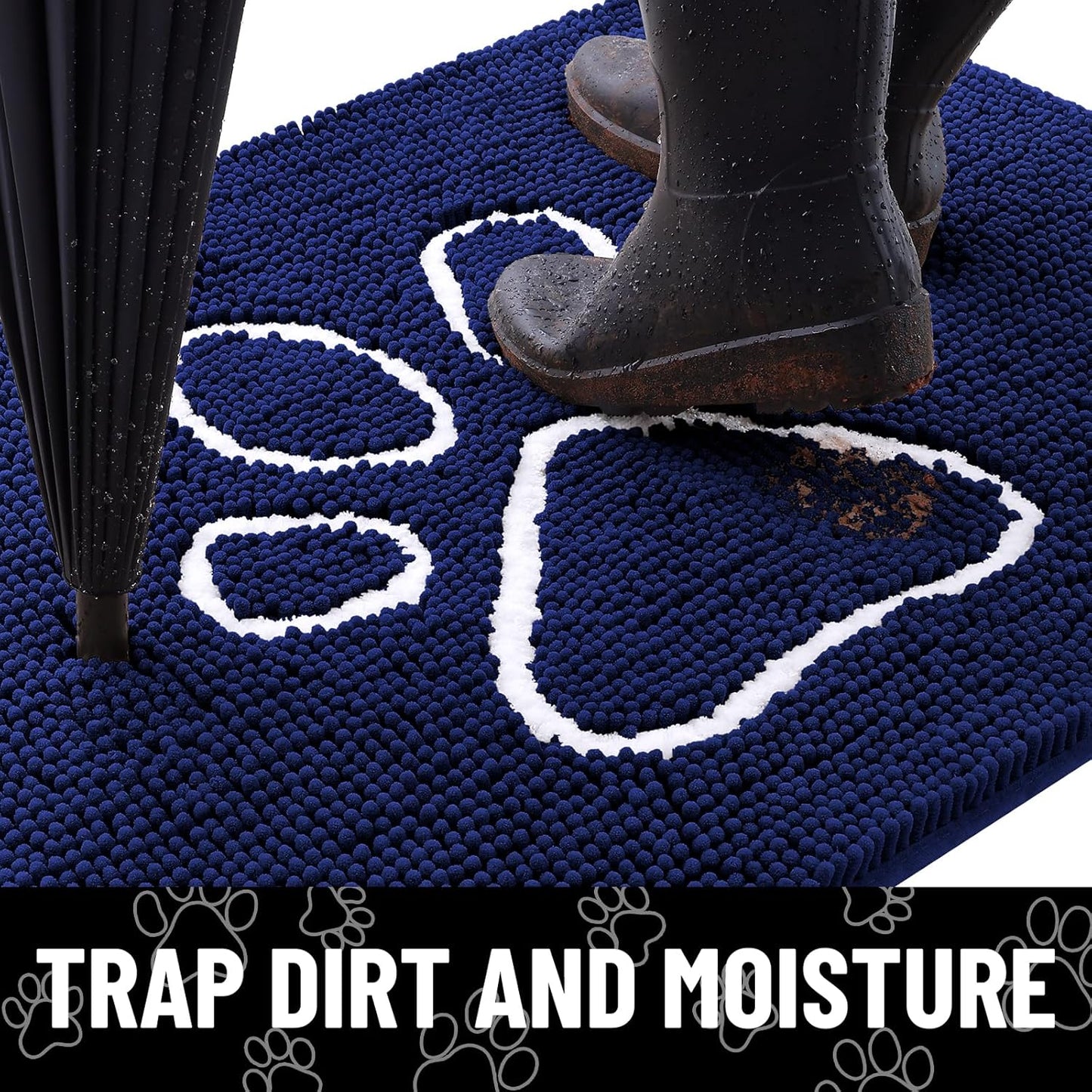 Smiry Dog Door Mat for Muddy Paws, Absorbent Dirt Trapper Non Slip Quick Dry Washable Chenille Mat for Mud Dogs, Entry Rug for Indoor and Outdoor (30x20 Inches, Navy Blue)