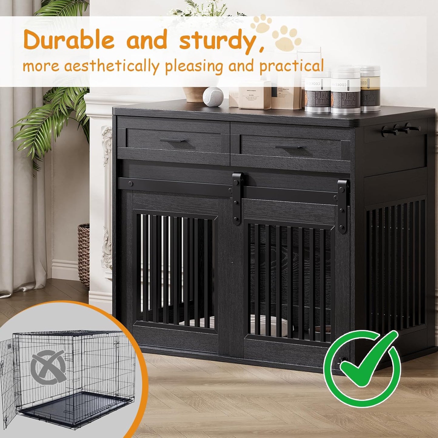44.5" Large Dog Crate Furniture with 2 Storage Drawers,Heavy Duty Wooden Pet Kennel with Sliding Barn Door & Hook,Dog Kennel End Table TV Stand,Farmhouse Style Dog Crates for Medium/Large Dogs,Black
