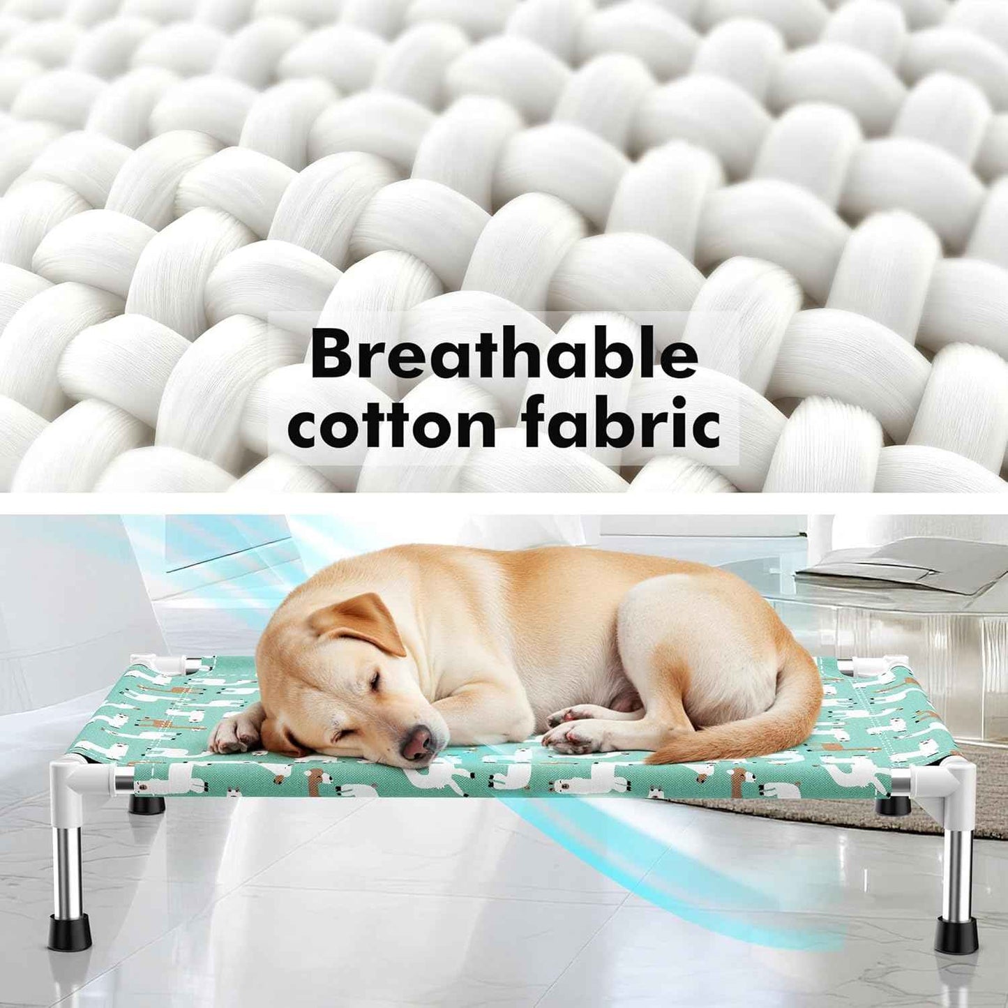 Cute Alpaca Print Elevated Dog Bed - Portable Cooling Pet Cot for Medium Dogs - Breathable Thickened Fabric Hammock, Crate Compatible, Indoor & Outdoor Use