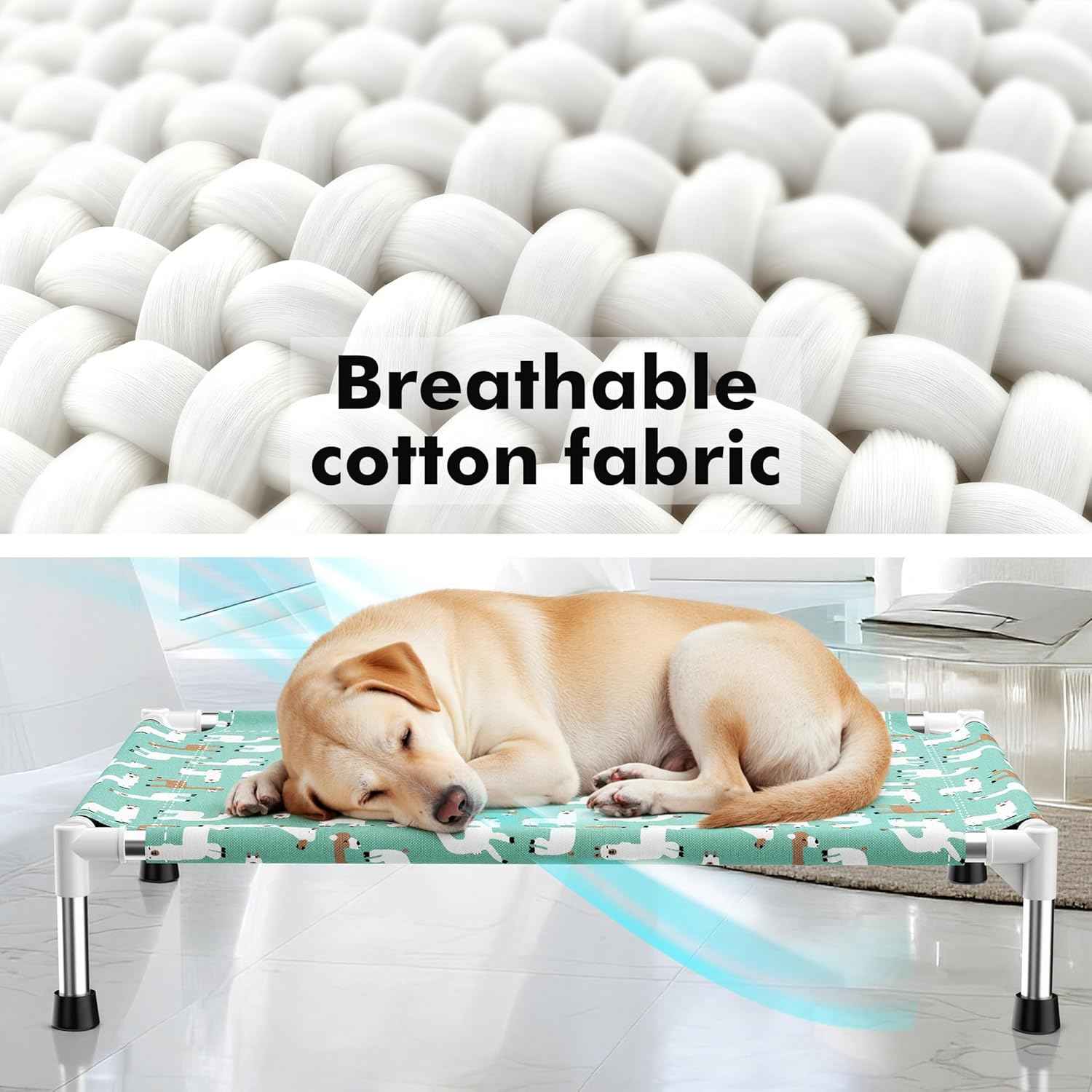 Cute Alpaca Print Elevated Dog Bed - Portable Cooling Pet Cot for Medium Dogs - Breathable Thickened Fabric Hammock, Crate Compatible, Indoor & Outdoor Use