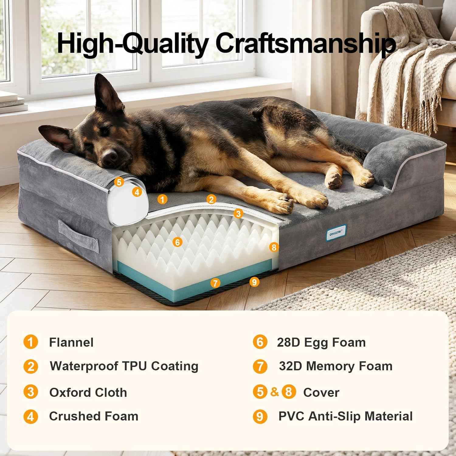 OhGeni Orthopedic Dog Bed Couch Big Cat Sofa for Extra Large Sized Pets with Memory Foam, Machine-Washable Waterproof Removable Cover, Soft Comfortable Fabric, 44-inch (Gray & Thickened Version)