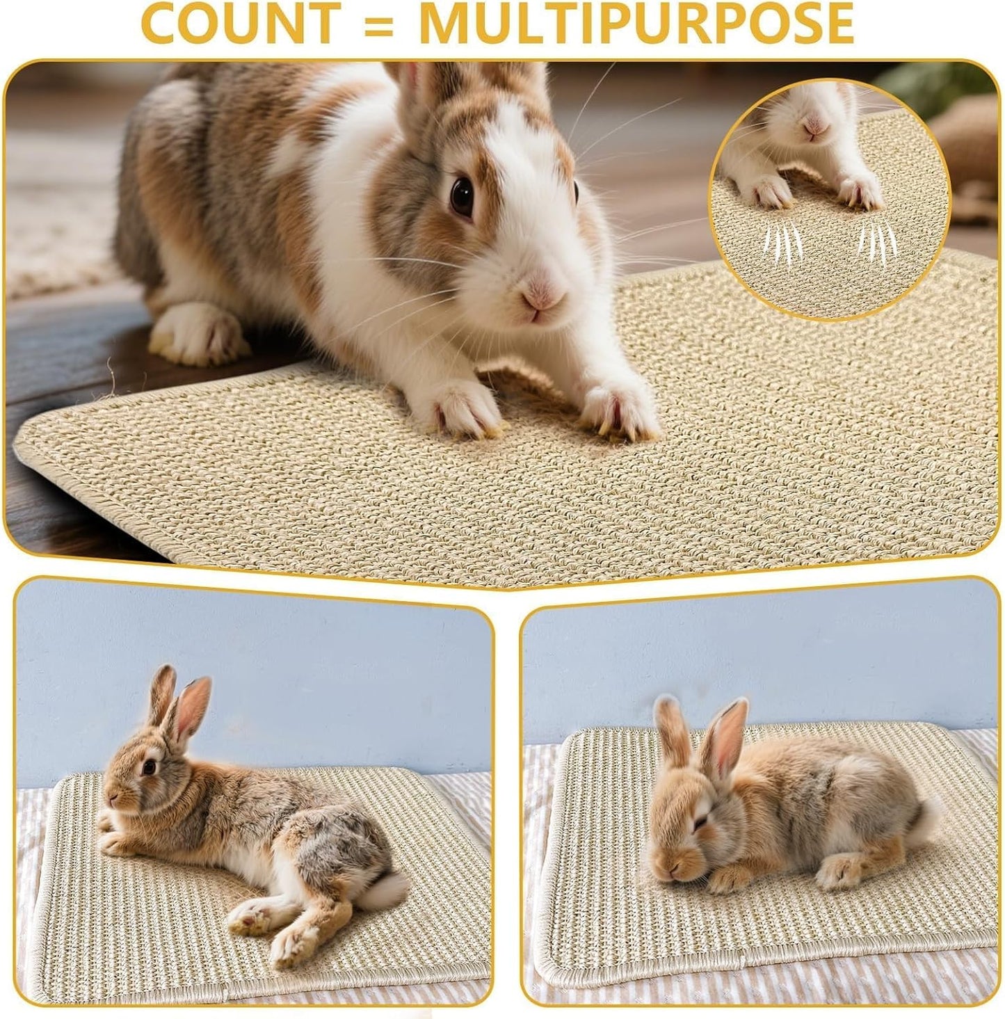 3Pcs Rabbit Scratching Pad 16 ×12'' Natural Sisal Bunny Scratch Pad Sugar Glider Hammock Climbing Cage Mat for Rabbit Bunny Guinea Pig Chinchilla