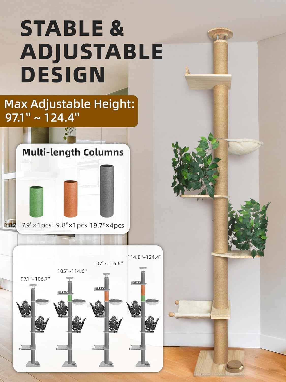 Fantasreen Cat Tree Floor to Ceiling Cat Tower Ajustable Height 97.1-124.4 Inches Tall and 4.5 Inches Thickened Post Large Cat Tree Tower for Indoor Cats Modern