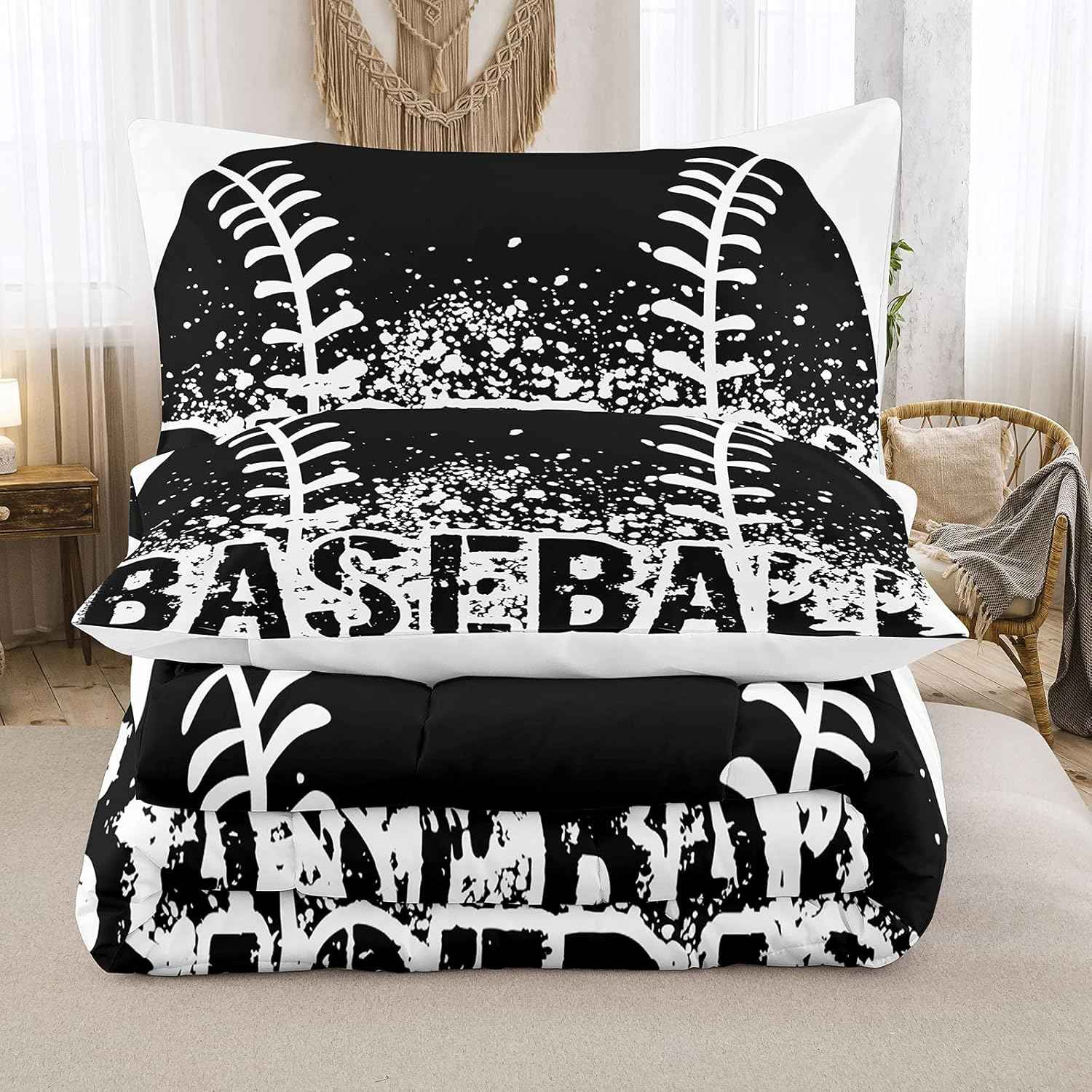 Bodhi Black and White Comforter Set,Sports Bedding Set for Kids,Boys Baseball Bedding Full Size,Kids Comforter Set with Pillowcases,Teen Boys Bedding Set Full Size