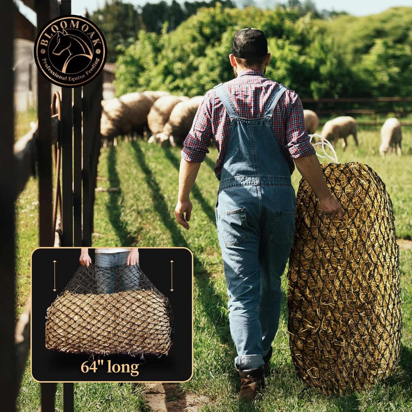 Bloomoak Slow Hay Net Feeder for Horses, Durable Soft Black PE 2String Hay Bales Bags with 2" Hole, Fit 36 * 18 * 18" Square Bale Easily…
