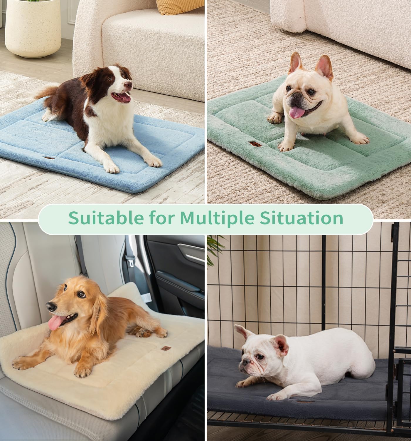 Made4Pets Dog Crate Pad Bed for Large Dogs, Washable & Reversible, Anti-Slip Kennel Mat for Cozy Sleeping, Soft Fluffy Dog Bed for Indoor & Outdoor Use, 44"x32", Green